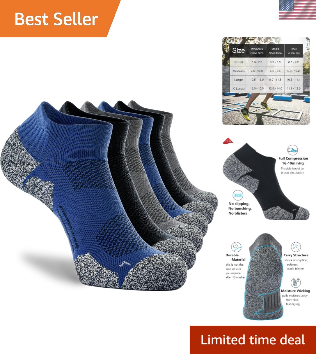 6 Pairs of X-Large Compression Ankle Socks with Cushion Support & Wicking Fabric