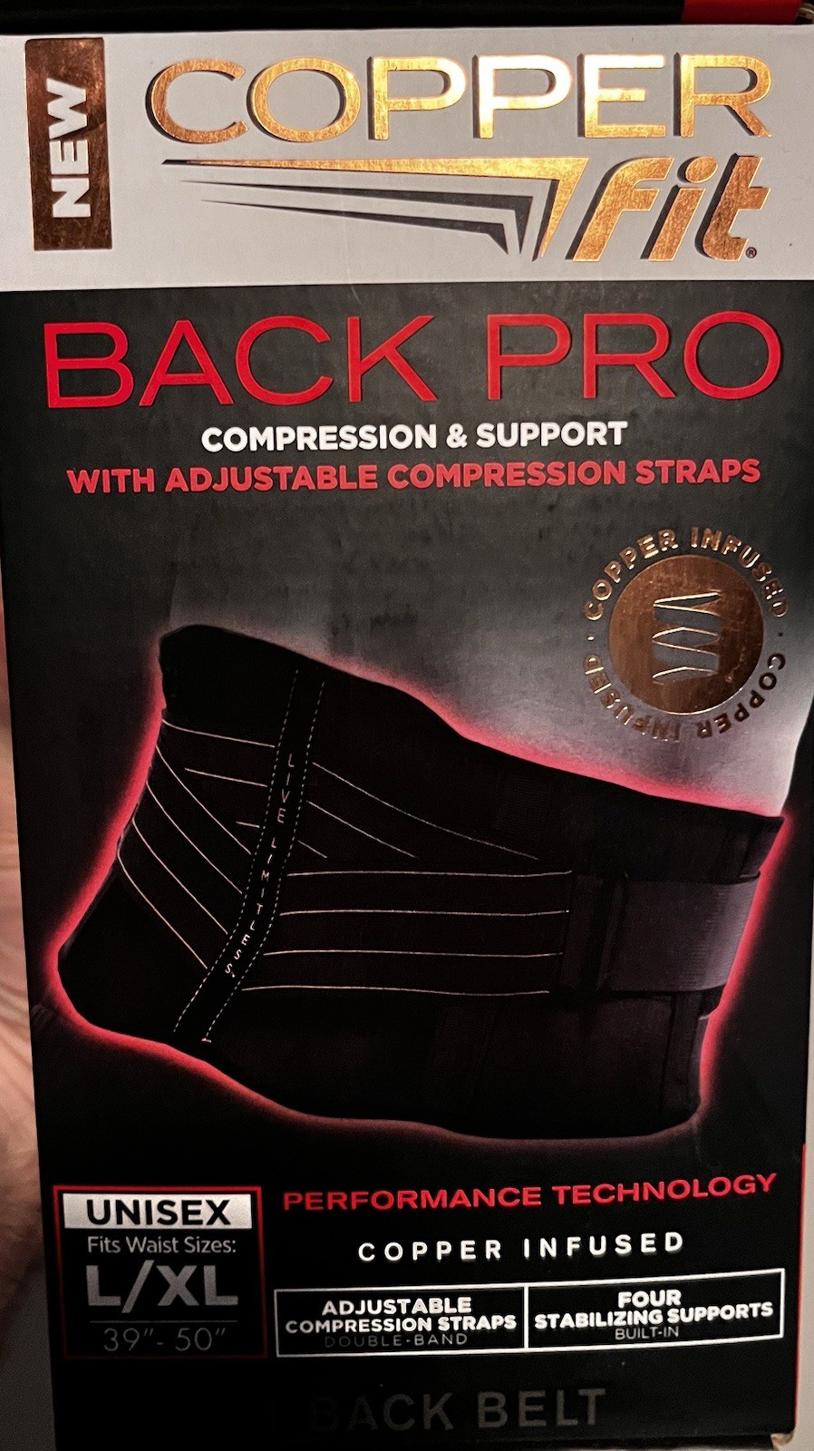 Copper Fit Black Back Pro Compression & Support, Adjust. Unisex L /XL New In box