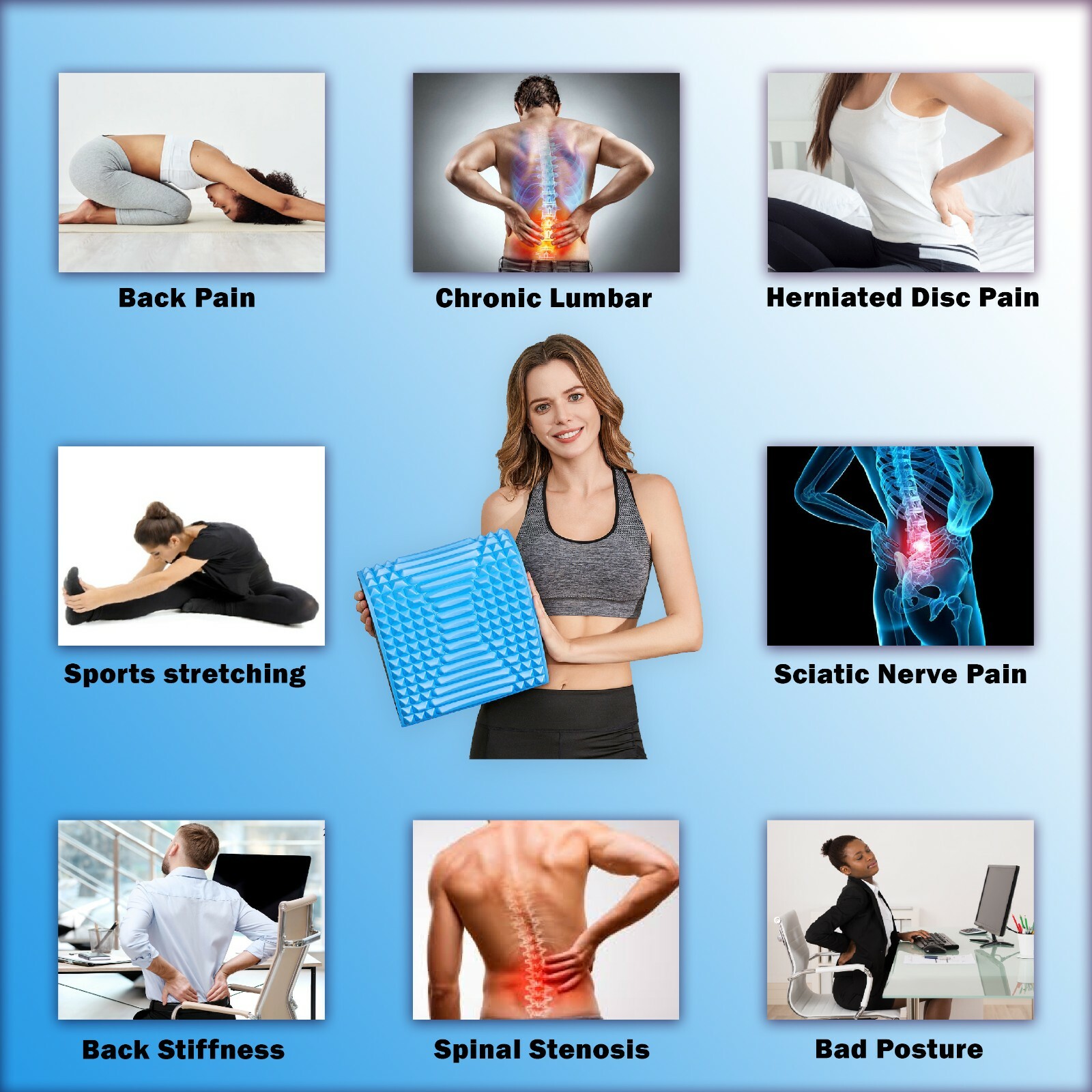 Back Stretcher Pillow – Back Pain Relief, Support for prolonged Sitting (Blue)
