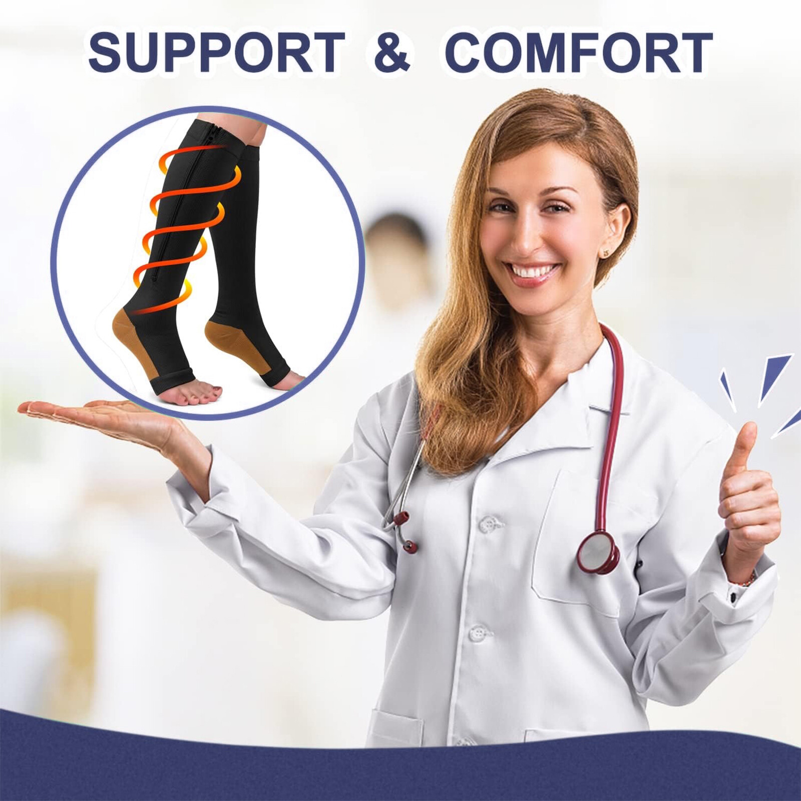 Open Toe Zipper Compression Socks 20-30mmHg Calf Leg Ankle Support Stocking