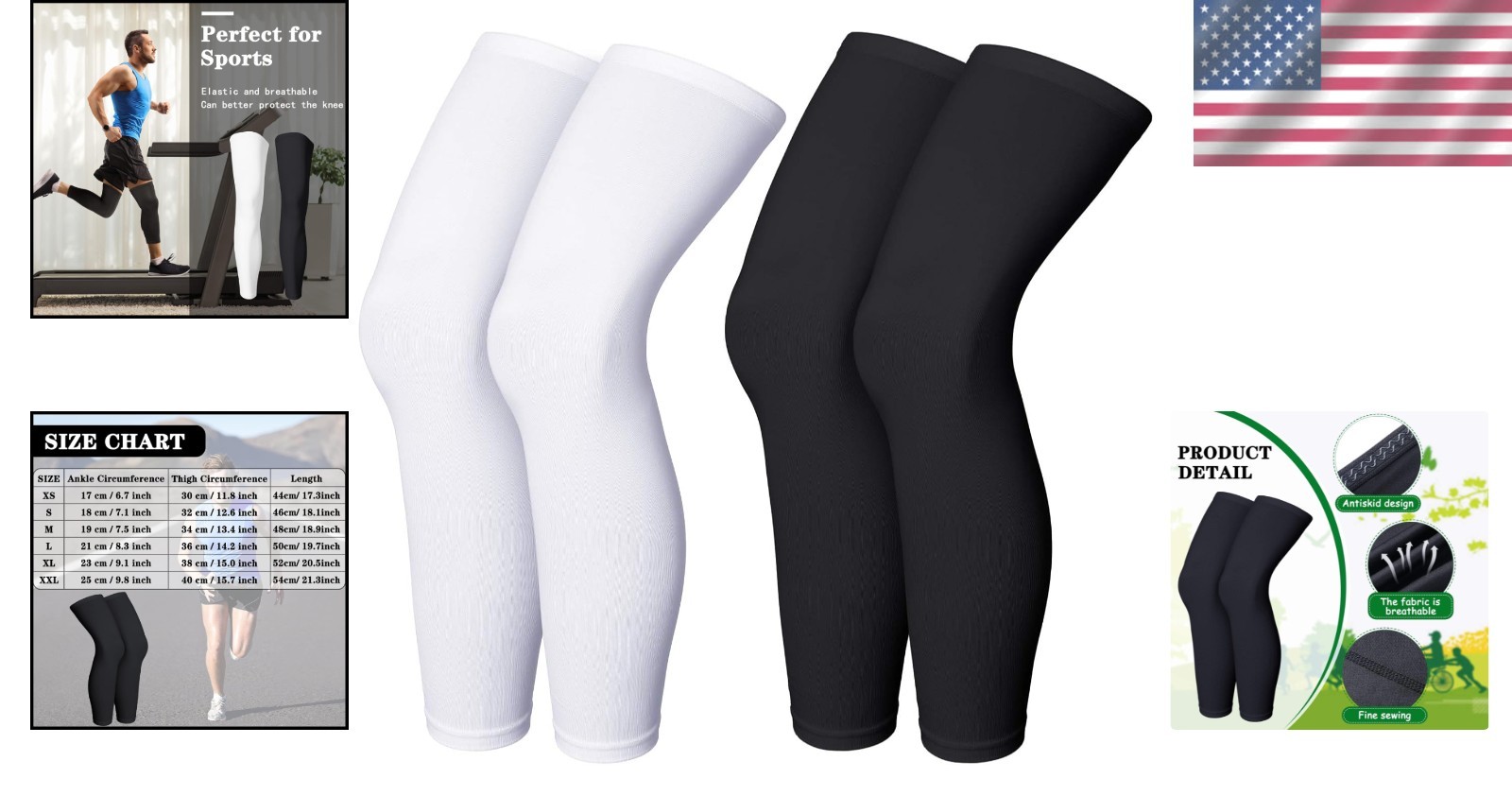 Breathable Black & White Compression Leg Sleeves – Ideal for Sports, Large Size