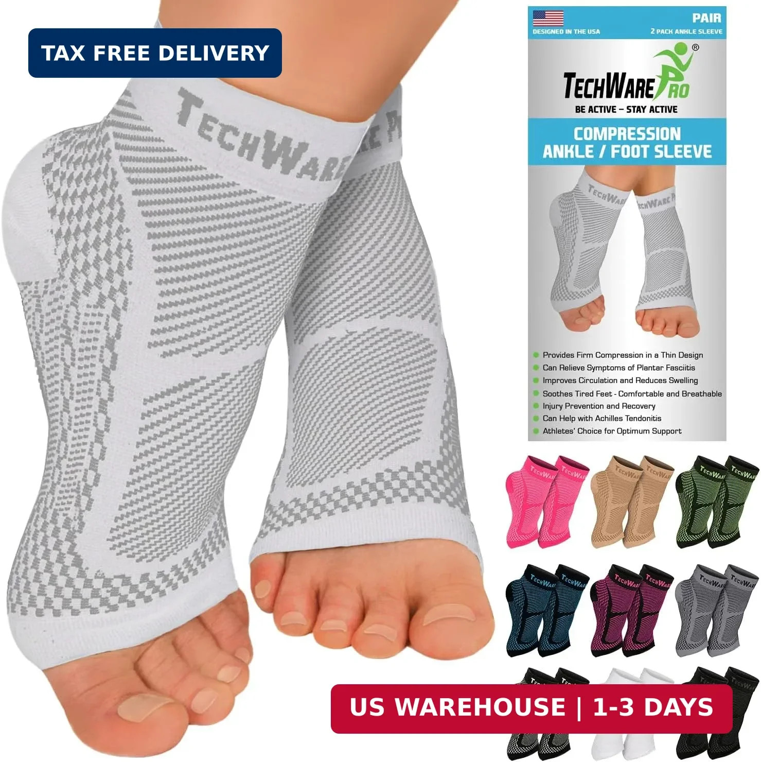 TechWare Pro Ankle Brace Compression Sleeve – Plantar Fasciitis Sock. Relieves A