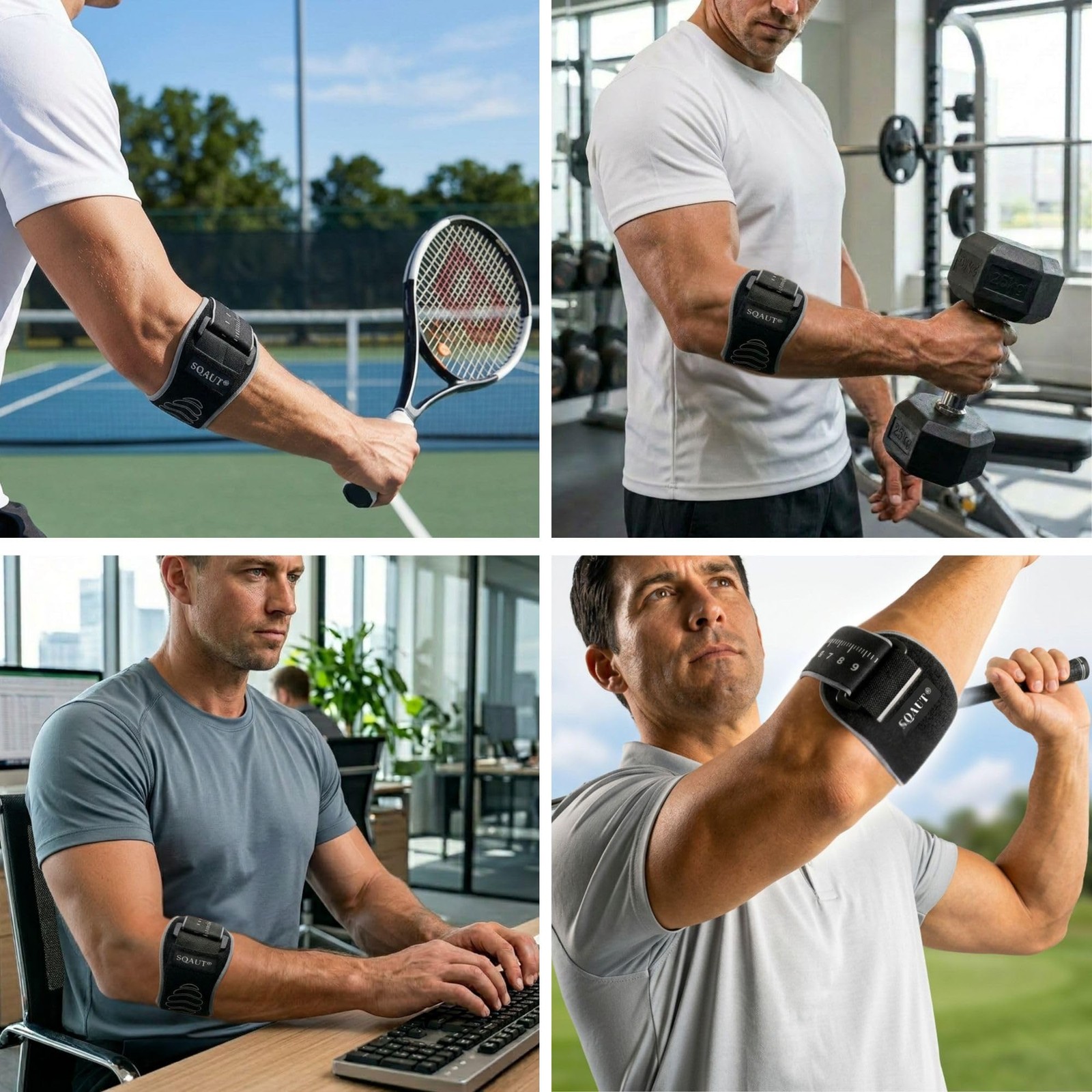 SQAUT Tennis Elbow Brace Support for Pain Relief & Injury Prevention – Black