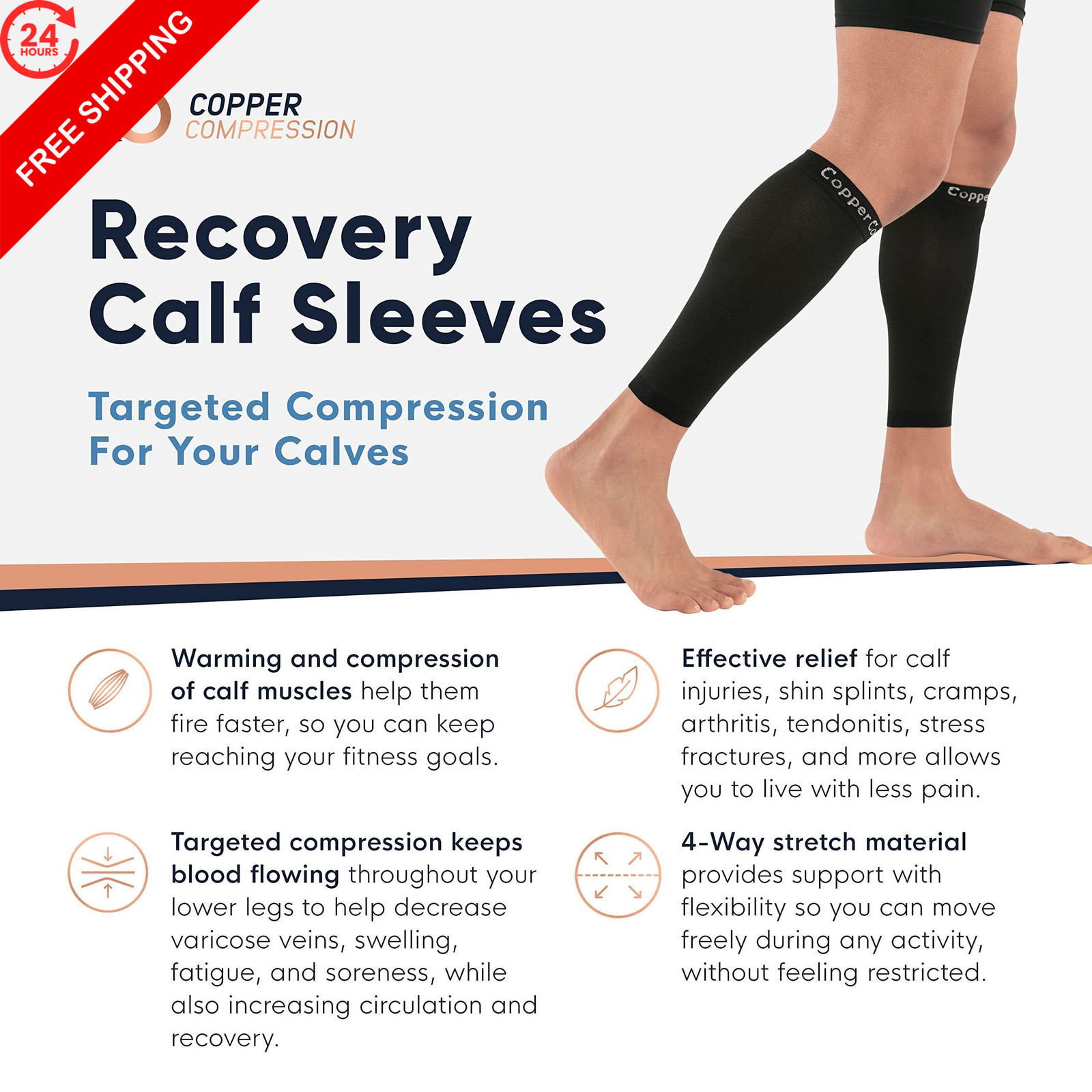 Copper Compression Calf Sleeves for Shin Splints, Large (1 Pair), Black