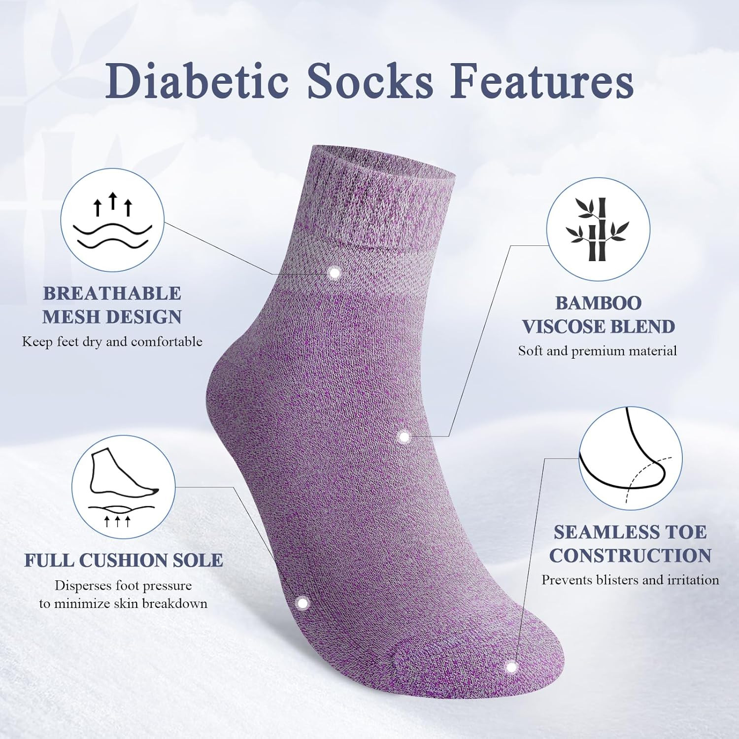 Bamboo Viscose Diabetic Socks for Women, 6 Pairs, Non Binding Wide Top | 50% bam