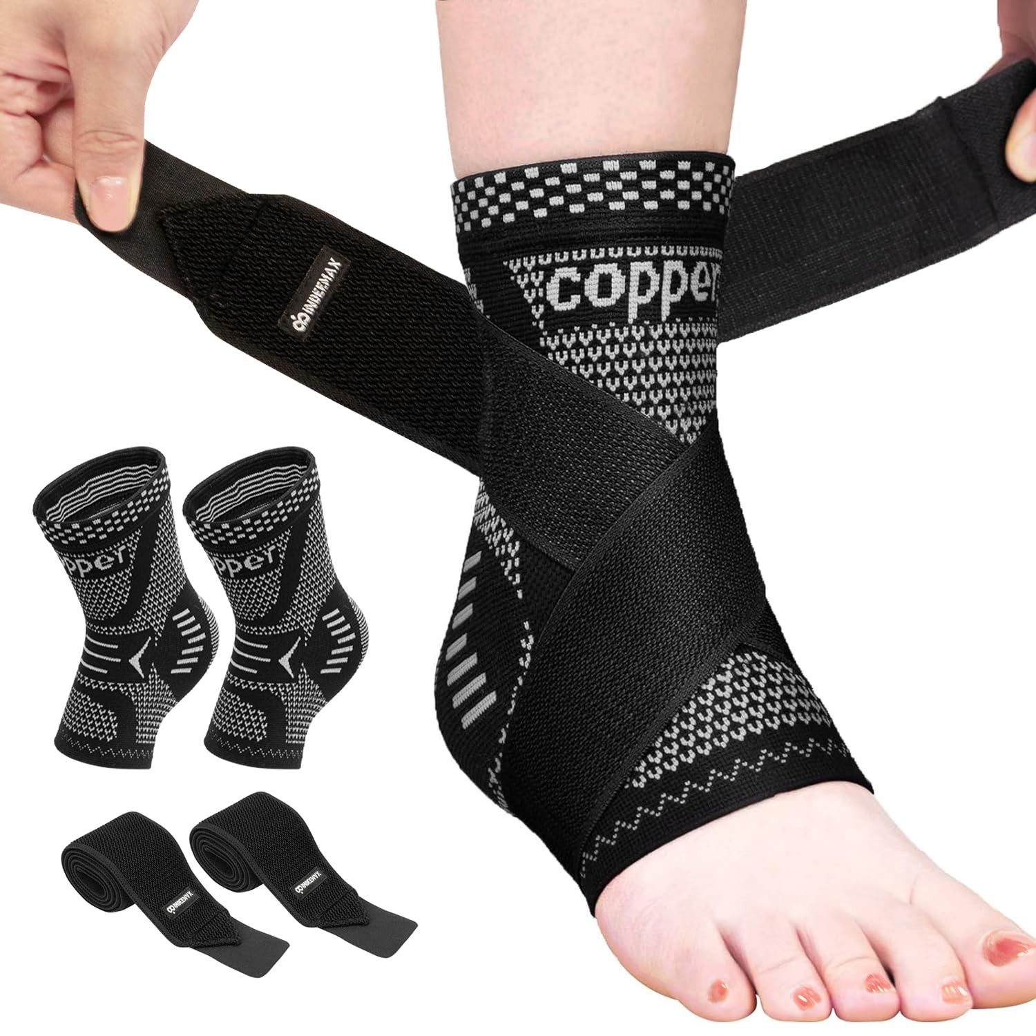 Ankle Brace Compression Sleeve Copper Infused Plantar Fasciitis Silver Black
