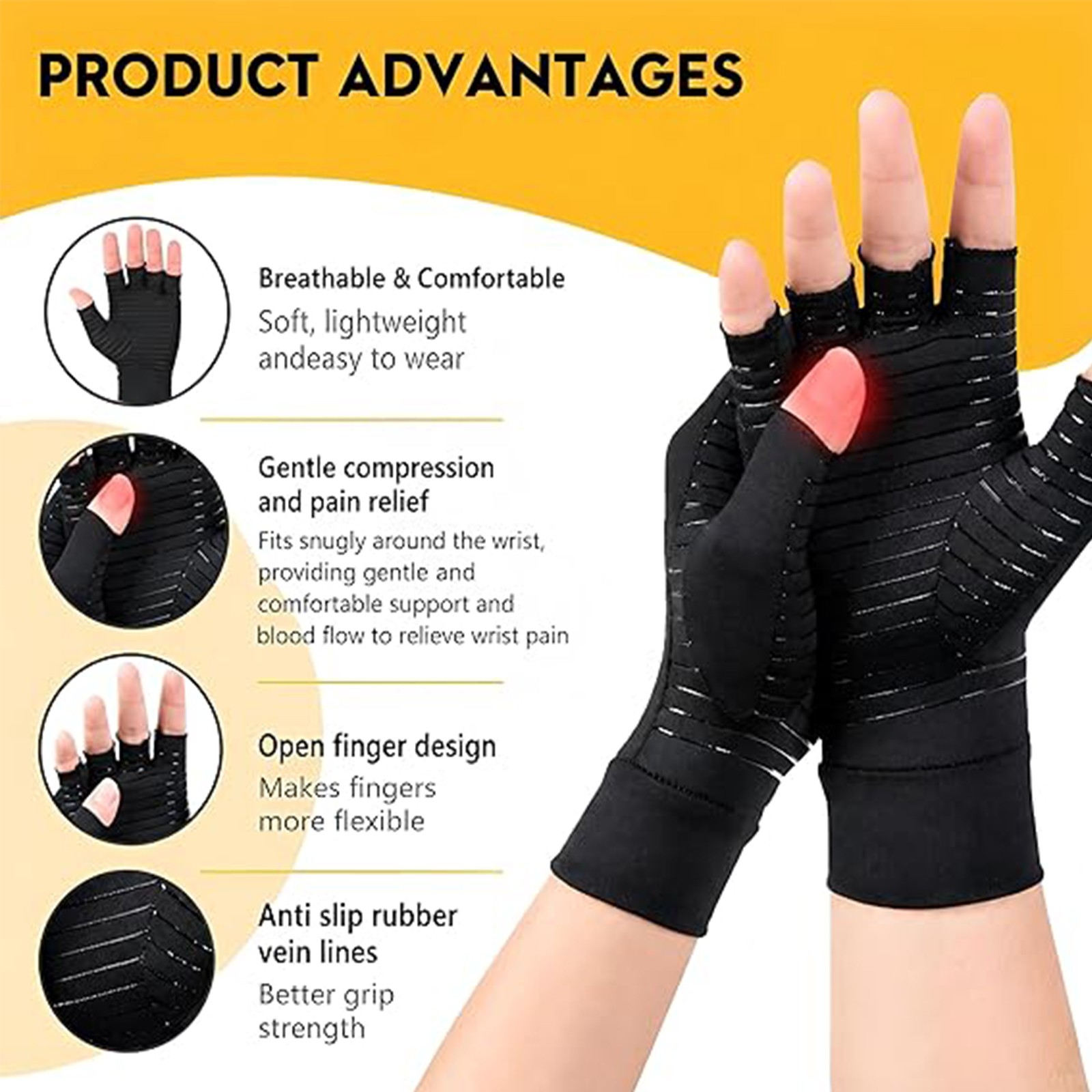 1 Pairs Copper Arthritis Compression Gloves Hand Support Joint Pain Relief Black