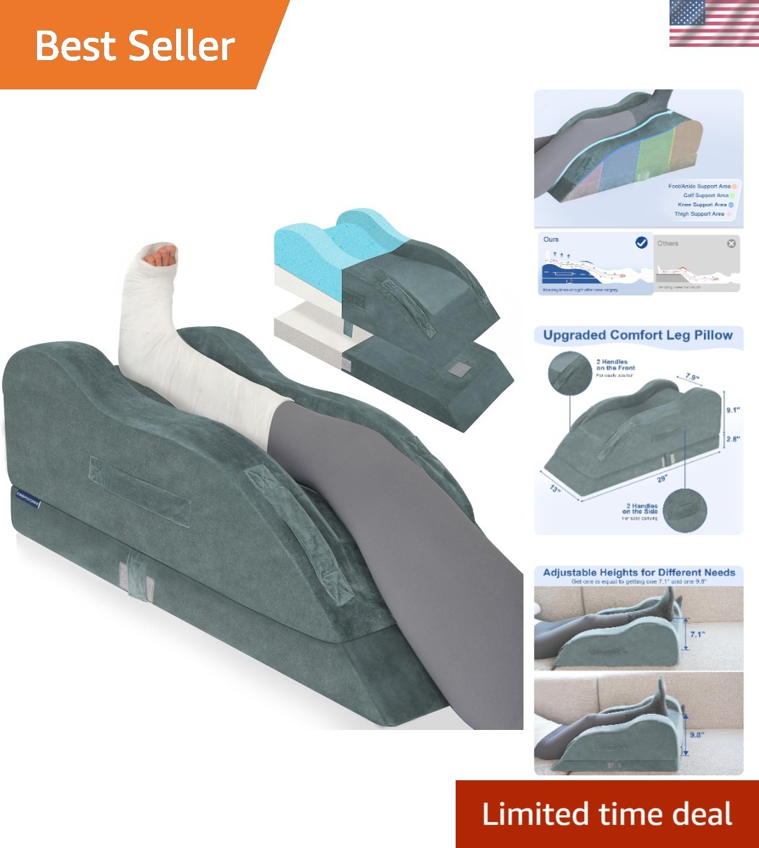 Leg Elevation Pillow for After Surgery, Single Leg, Grey | Ergonomic Curve Ke…