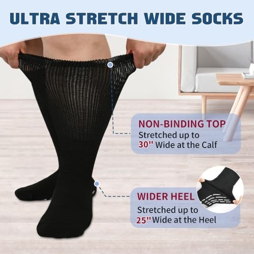 Extra Width Socks for Swollen Feet-4 Pairs Hospital Grip One Size Black