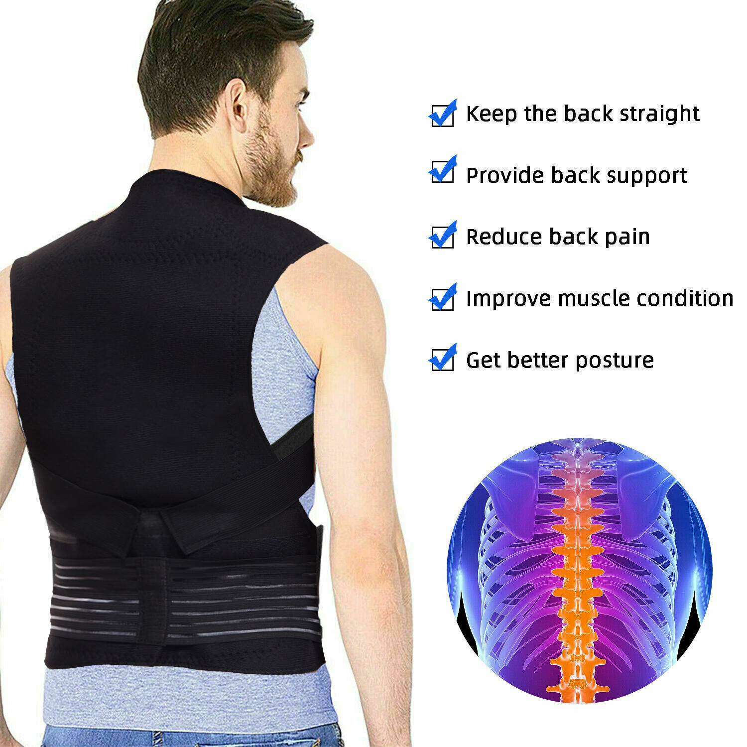 Adjustable Posture Corrector Low Back Support Shoulder Brace Belt Heated Vest