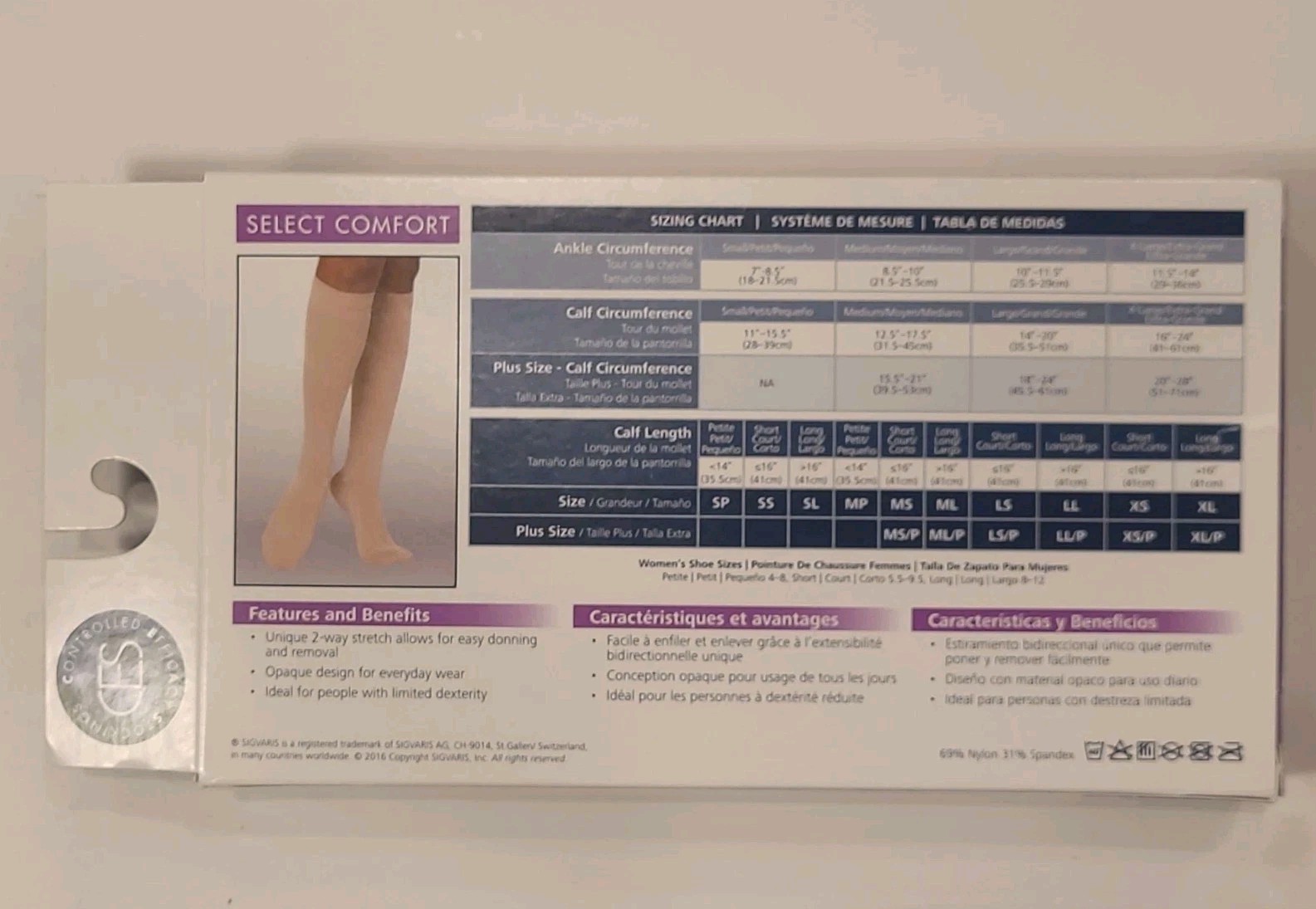 SIGVARIS Select Comfort Knee Hi 30-40mmHg Compression Socks Natural Medium Long