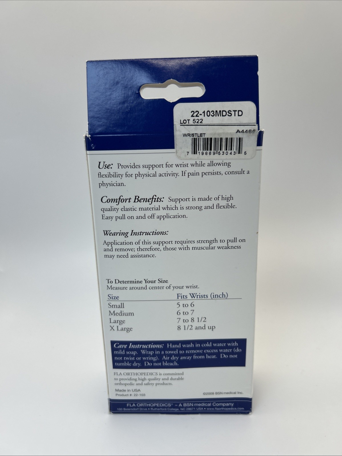 FLA Orthopedics Hospital Grade Wrist Support Elastic Pullover Medium Open Box
