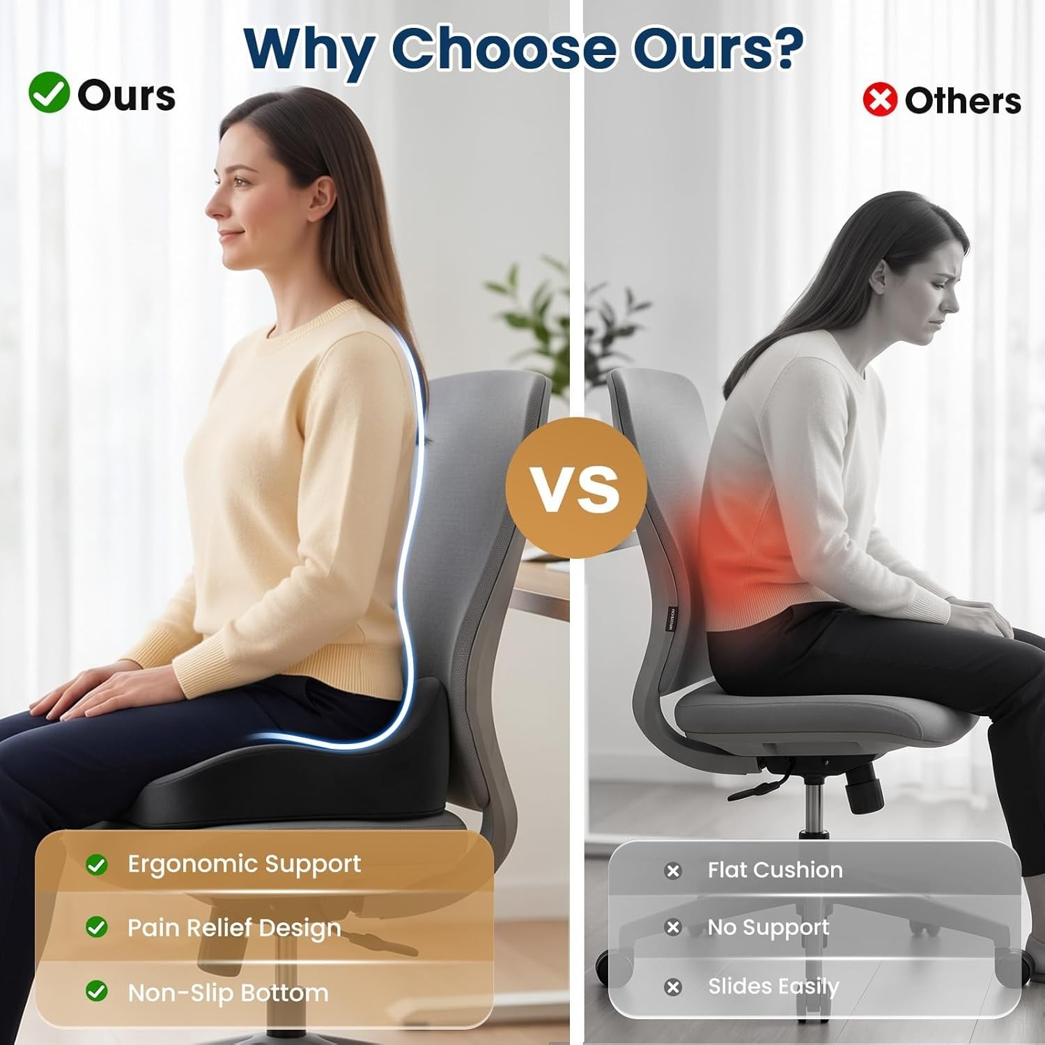 BlissTrends Memory Foam Seat Cushion 4.7in Ergonomic Tailbone Support Black