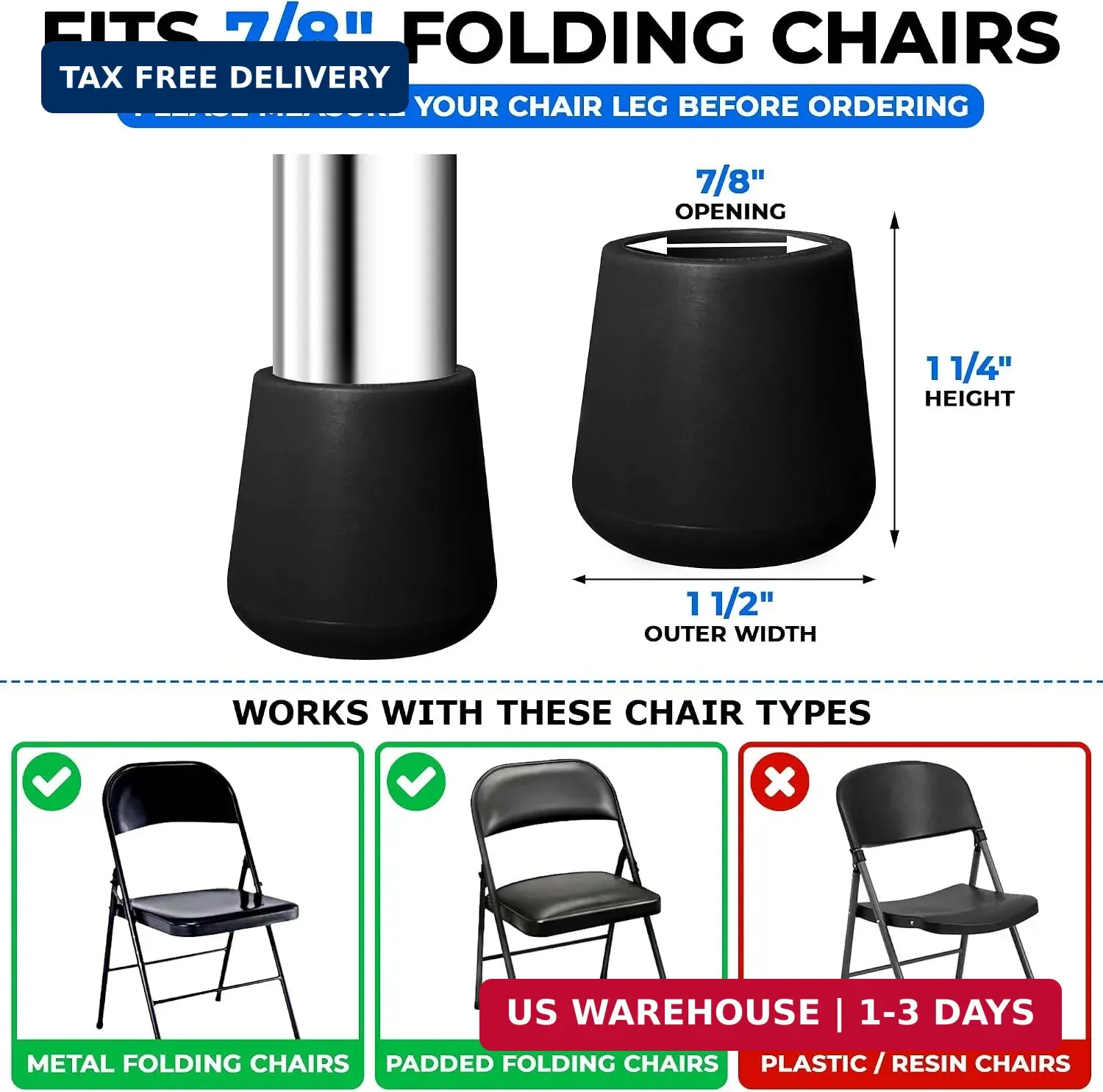 4 Rubber Chair Leg Caps 7/8 Inch Black, Non-Slip Padded and Metal Folding Chair