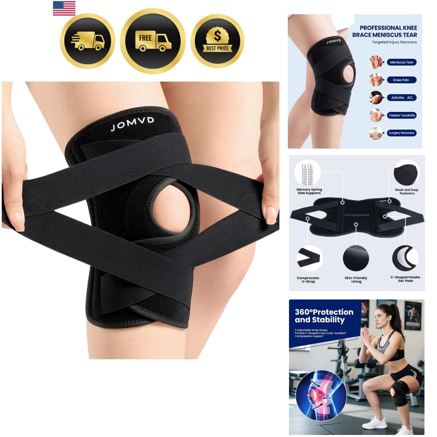 Knee Brace for Knee Pain, Meniscus Tear, Adjustable Knee Support with Side Sp…