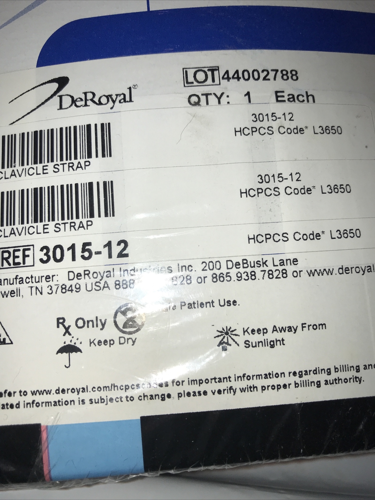 DEROYAL CLAVICLE STRAP Hook And Loop Closure Size Small New In Box 3015-12