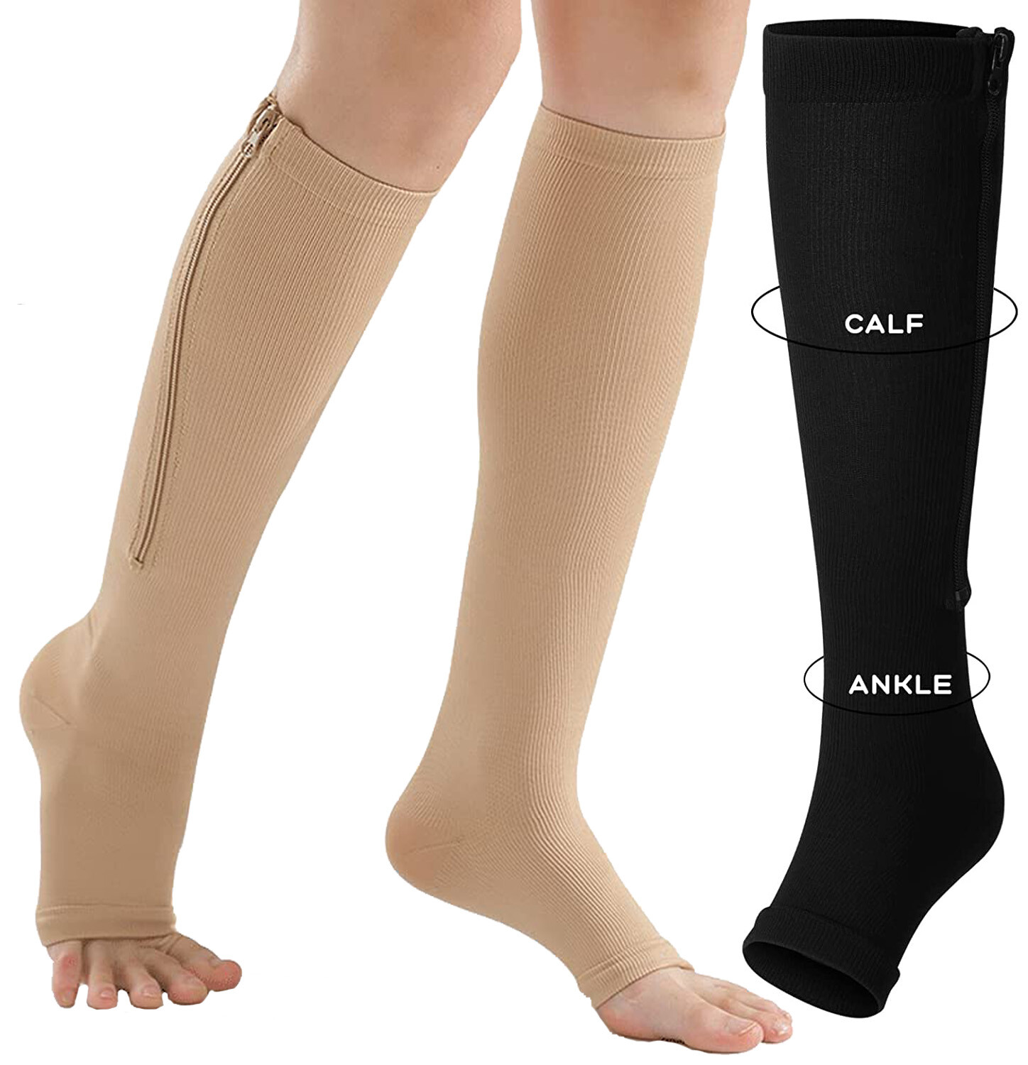 Zip Up Compression Socks with Zipper Supports Leg Knee Stockings Open Toe US
