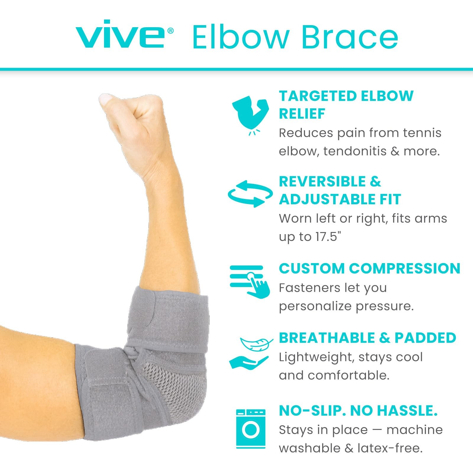 Vive Elbow Brace – Tennis Compression Sleeve – Wrap for Standard, Gray