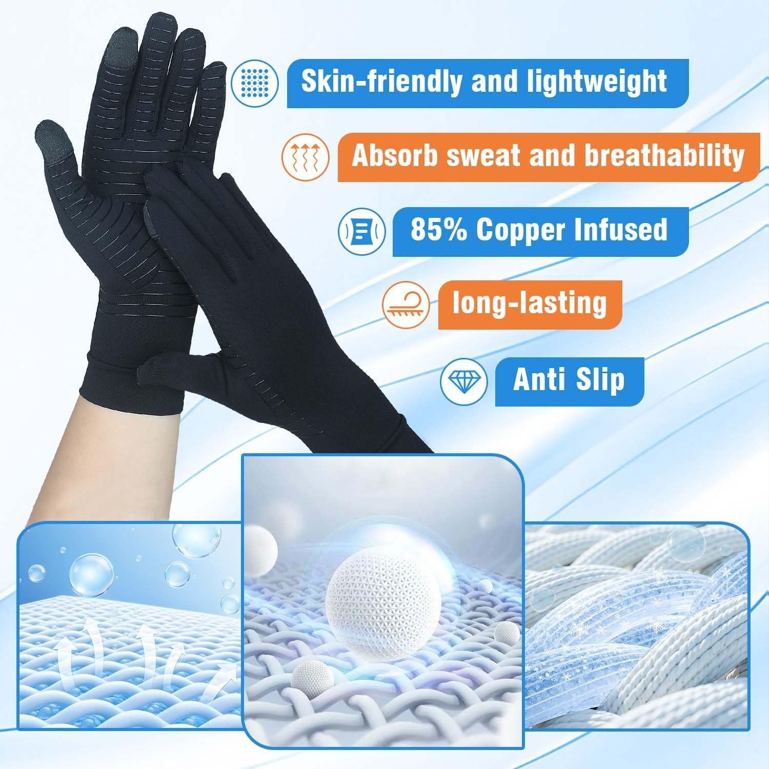 2 pares de guantes de cobre para artritis con dedos completos y punta para panta