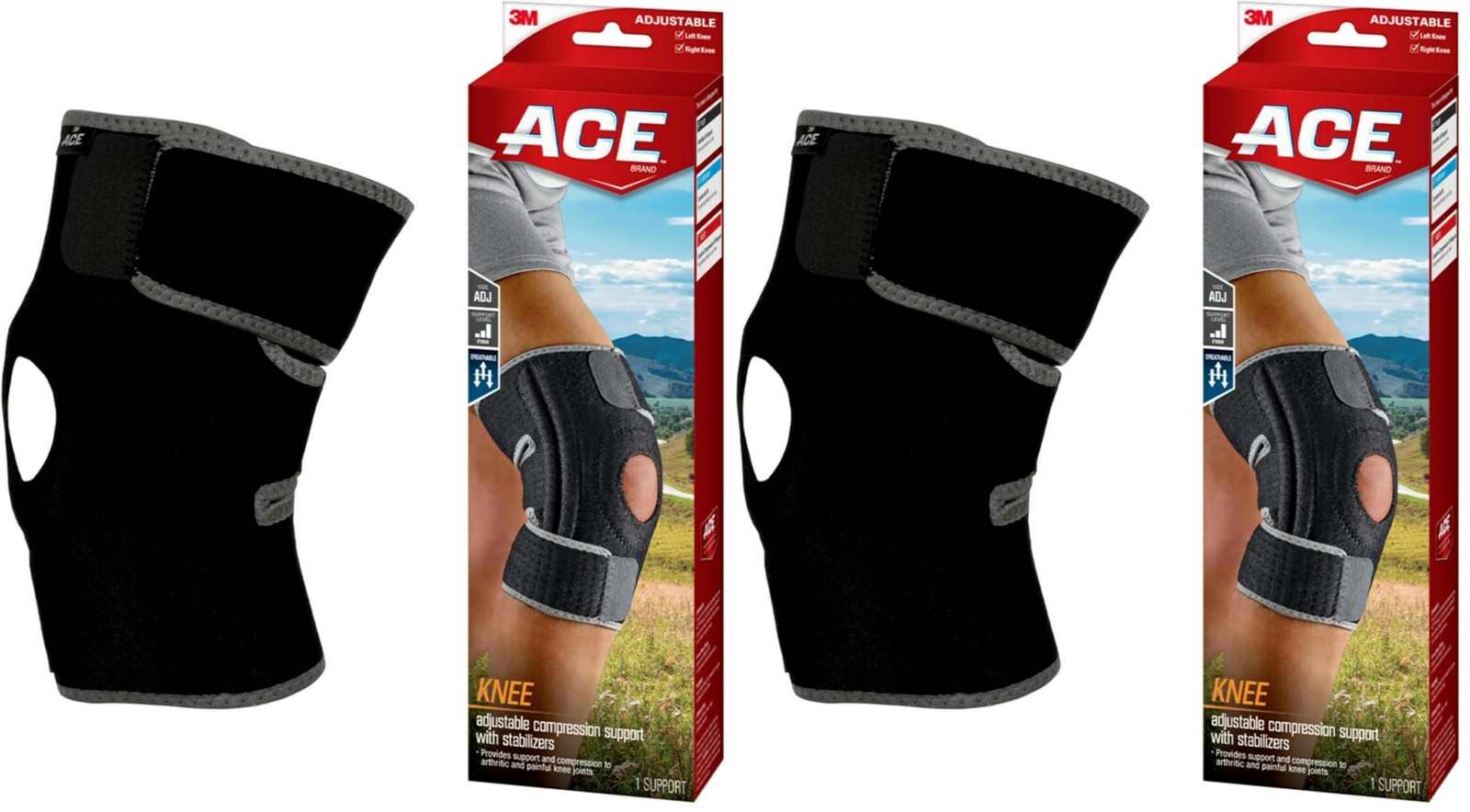 ACE Adjustable Knee Brace with Side Stabilizers (Pack of 2), Black
