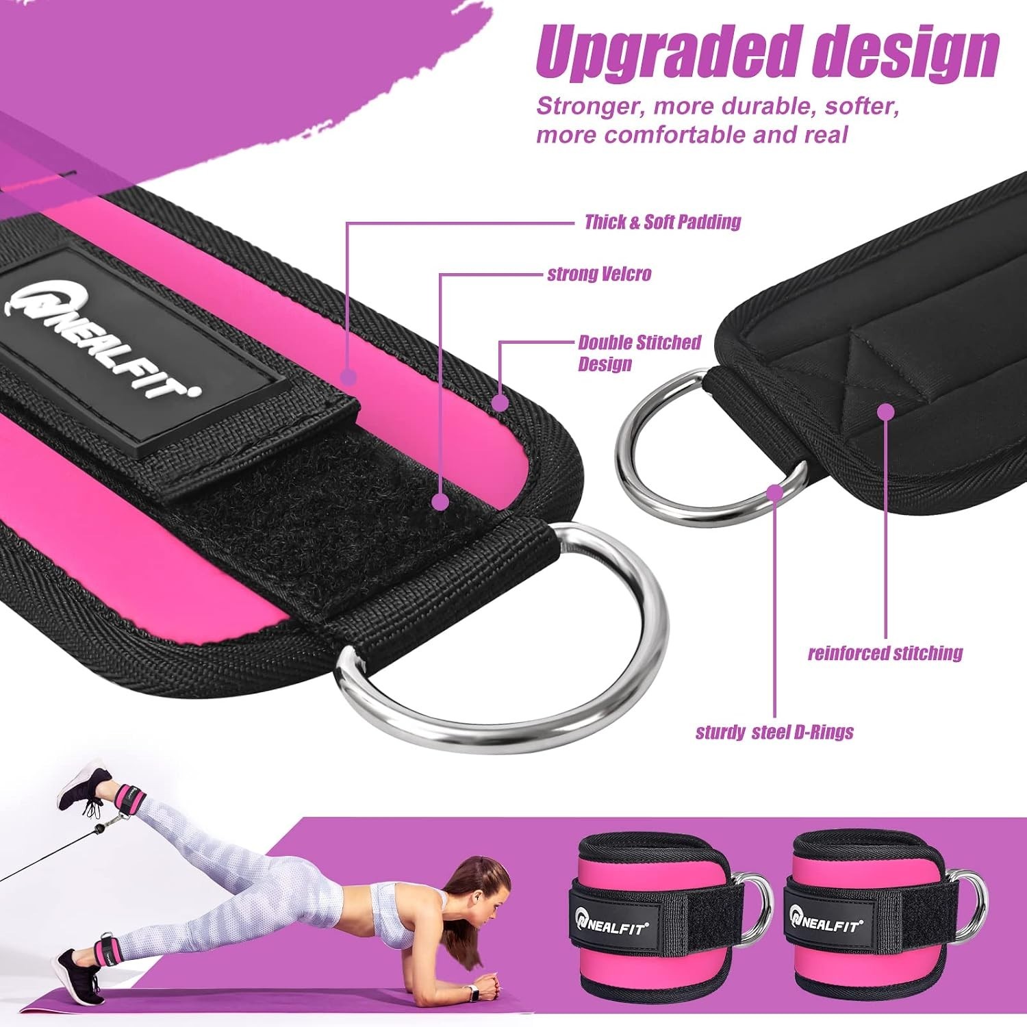 Adjustable Pink Ankle Strap for Cable Machines – 7mm Neoprene Comfort