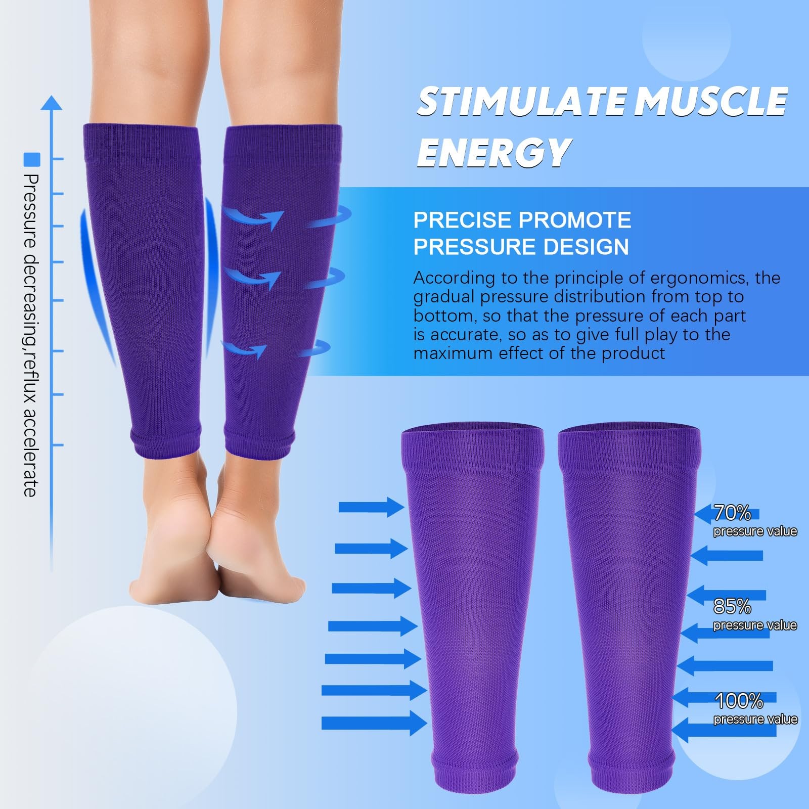 6 Pairs Calf Compression X-Large, White, Black, Gray, Blue, Blue Purple, Pink