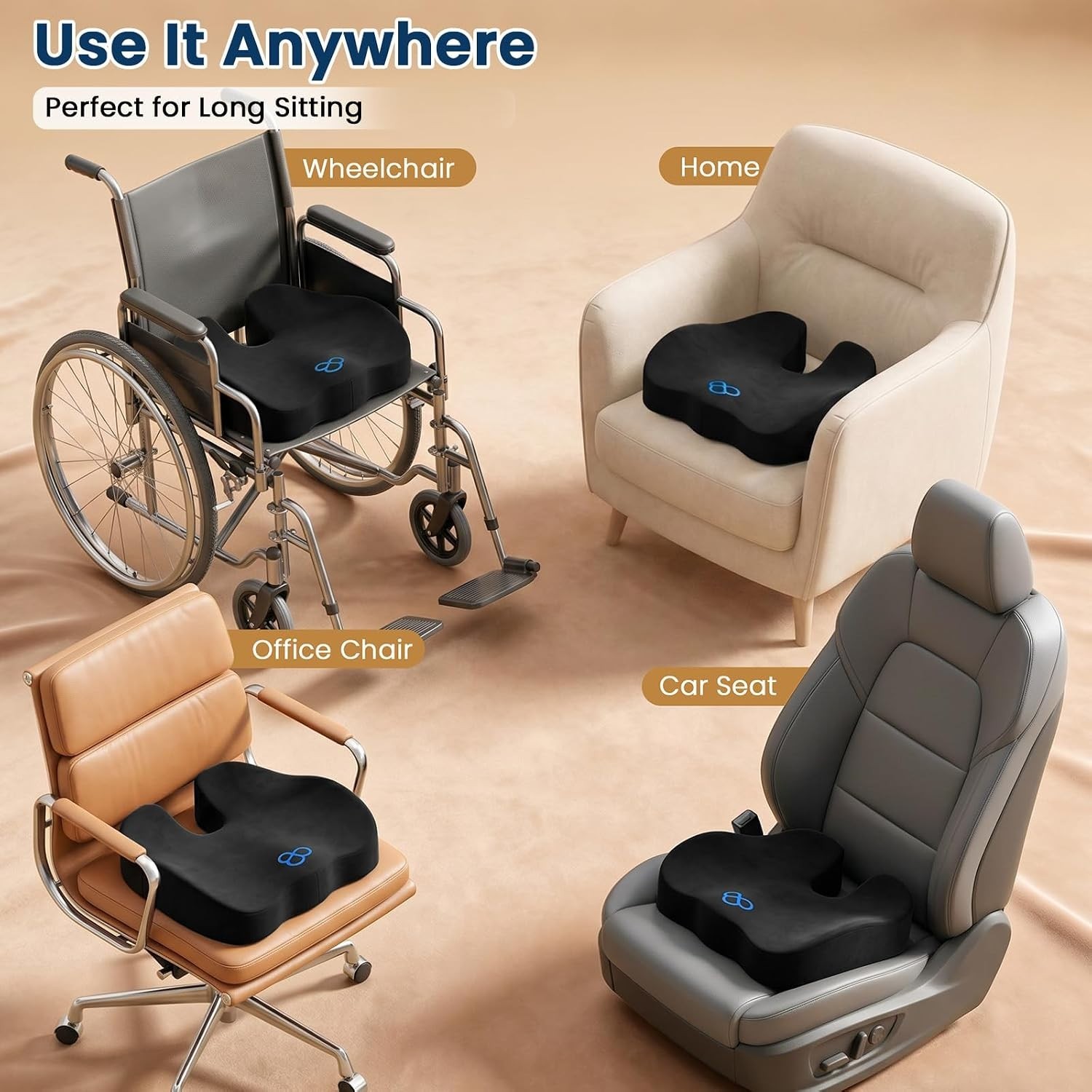 BlissTrends Memory Foam Seat Cushion 4.7in Ergonomic Tailbone Support Black