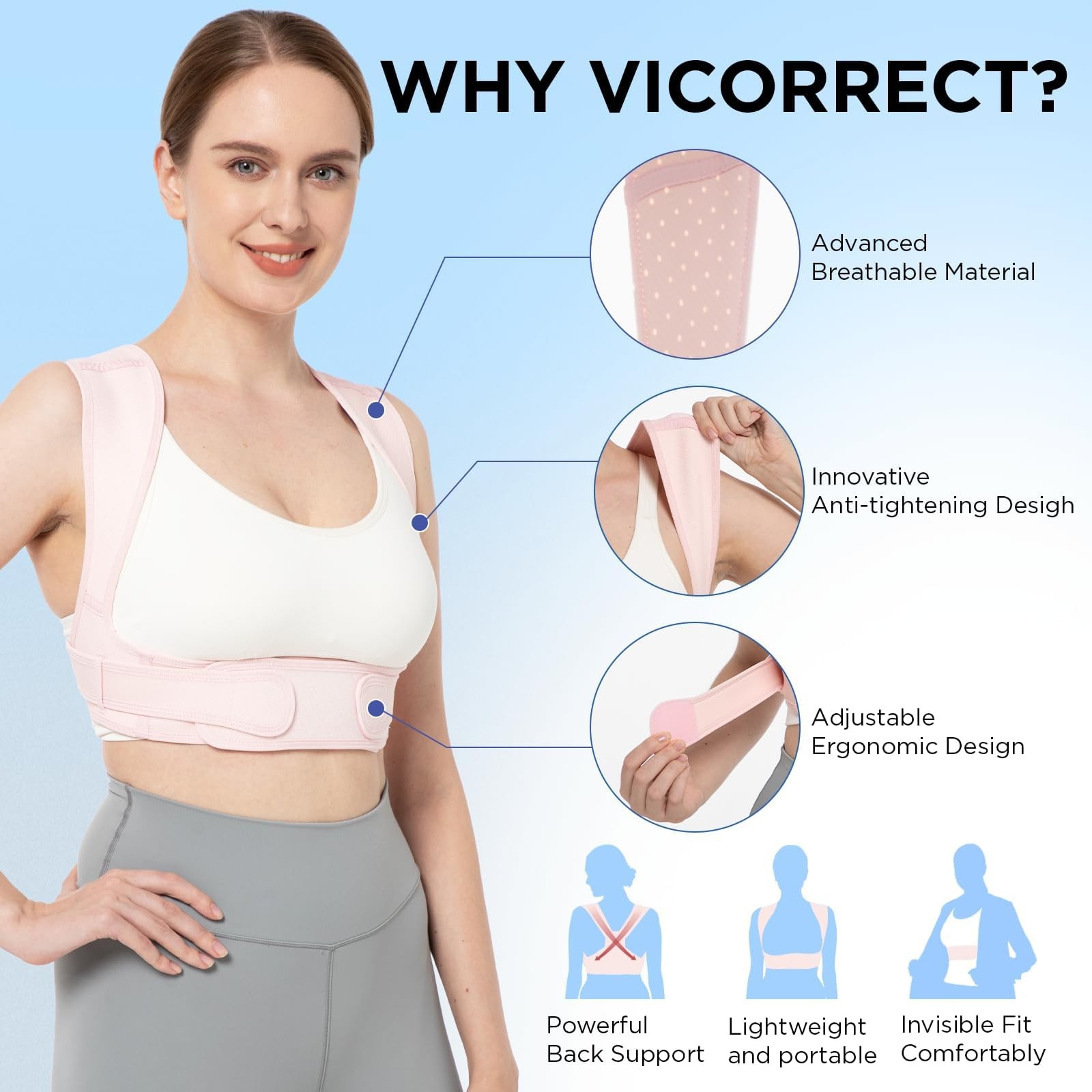 Vicorrect Posture Corrector for Women and Men: Adjustable Brace M/L, Pink