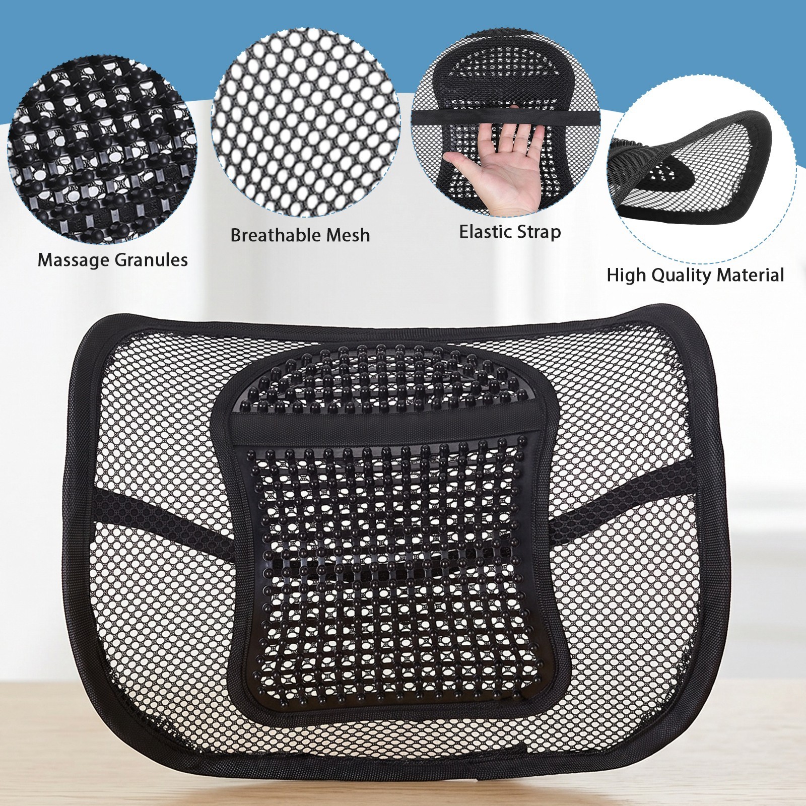 Car Seat Back Support Breathable Mesh Back Lumbar Support Cushion w/Massage Bead