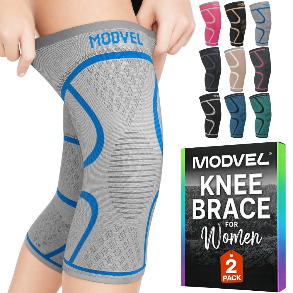 Modvel 2 Pack Knee Brace for Women – Support X-Small, Grey/Blue