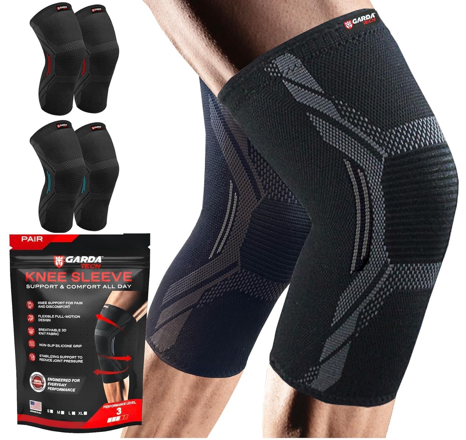 Knee Compression Sleeves 2 Pack – Adult Large – Garda Tech – Pair – Black