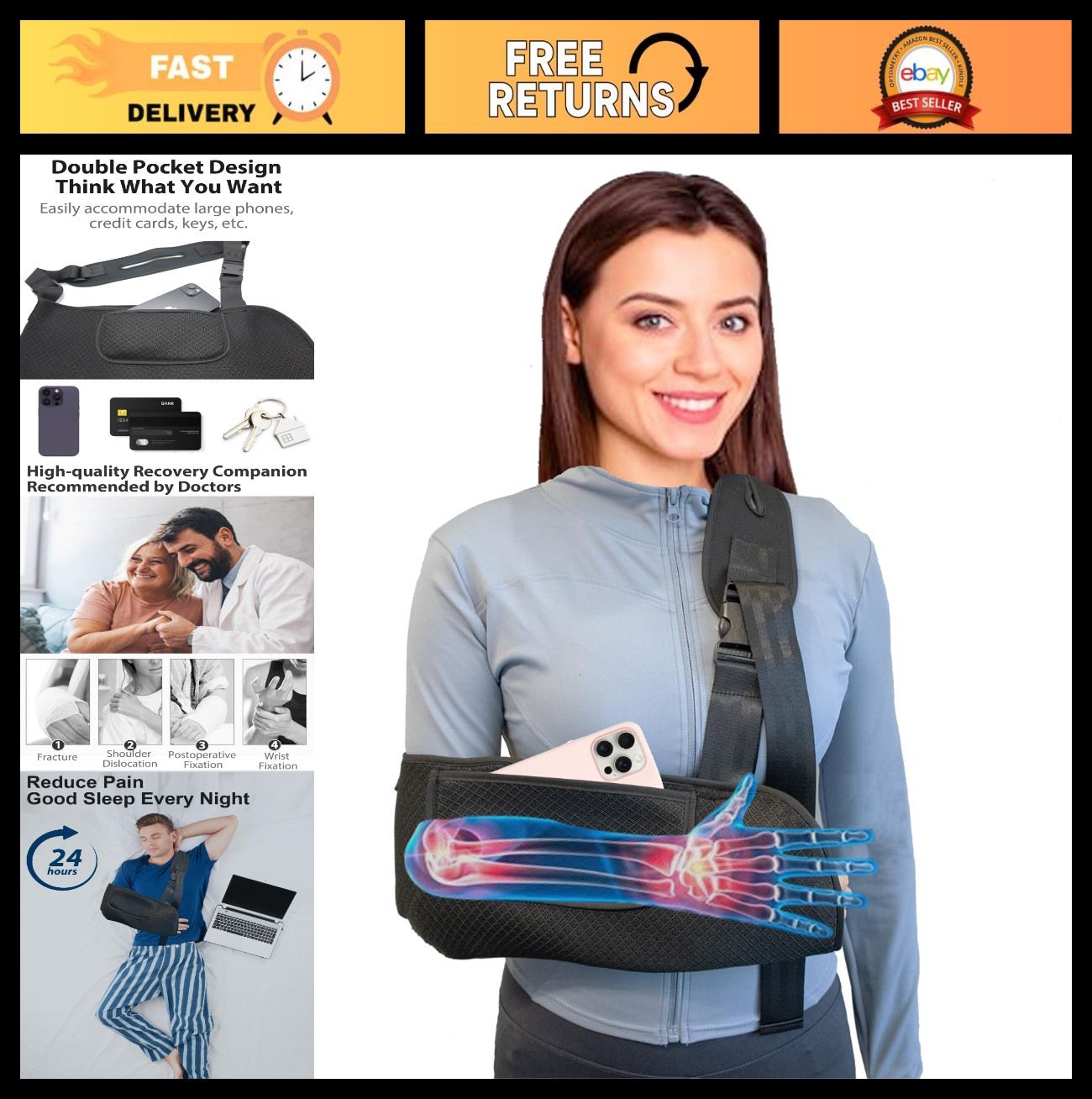 Arm Sling with Upgraded Straps, Comfort Pocket, Shoulder & Elbow Support, Immobi