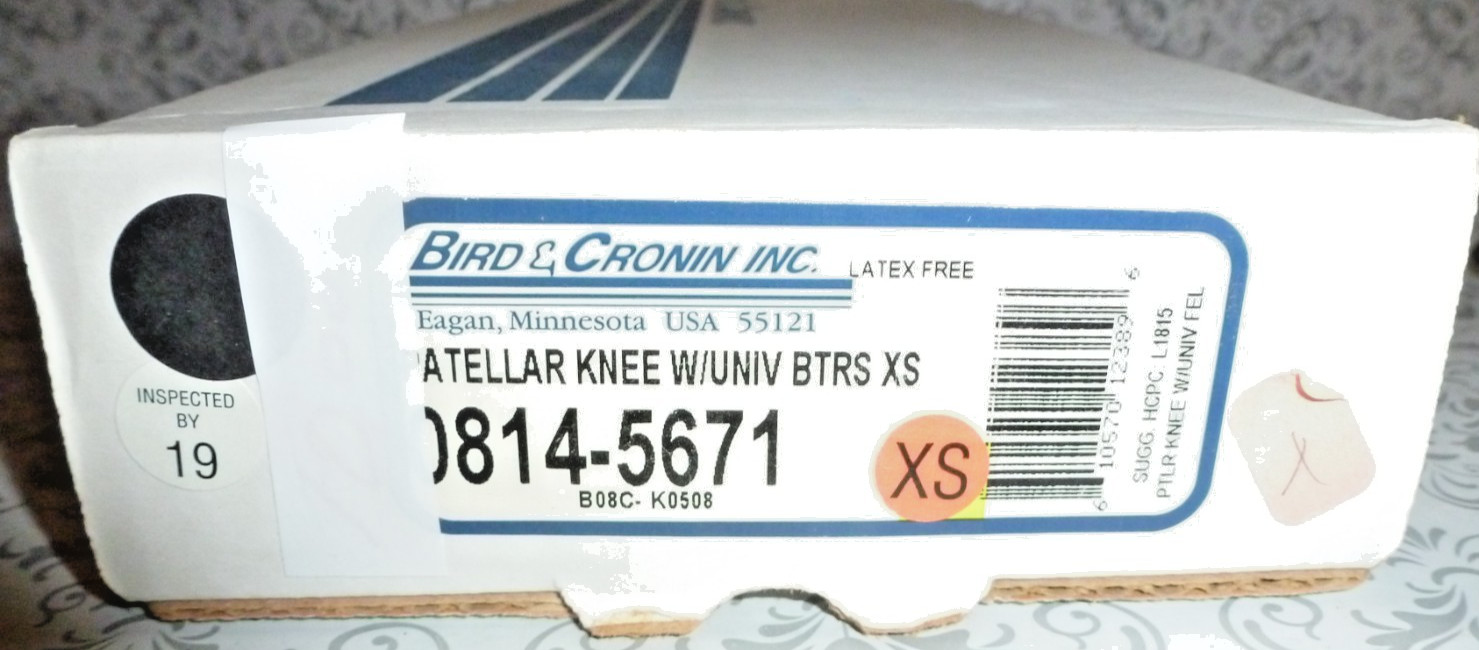 Bird and Cronin 0814-5671 Patellar Knee W/Univ. BTRS Size:XS Black New