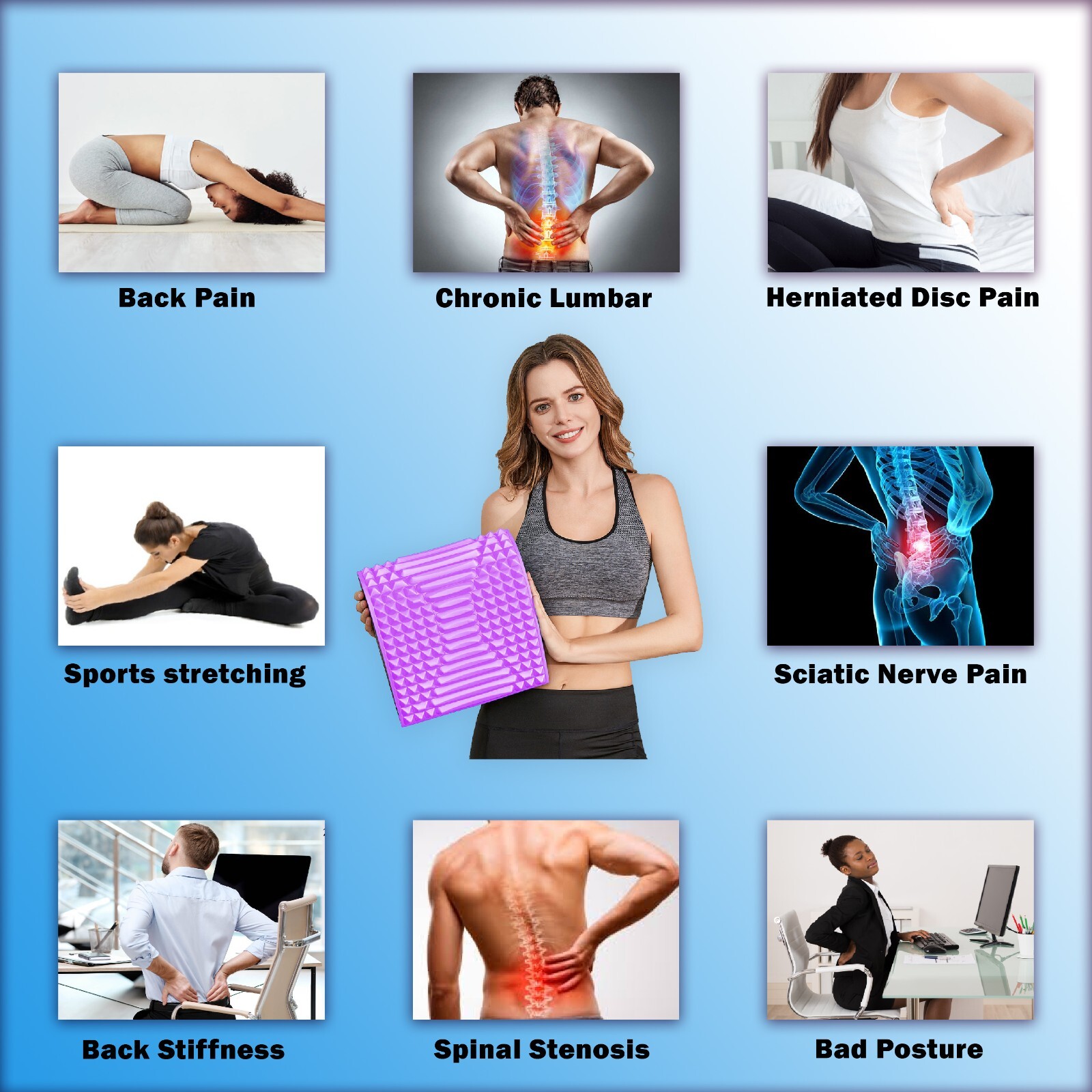 Back Stretcher Pillow – Back Pain Relief, Support for prolonged Sitting (Purple)