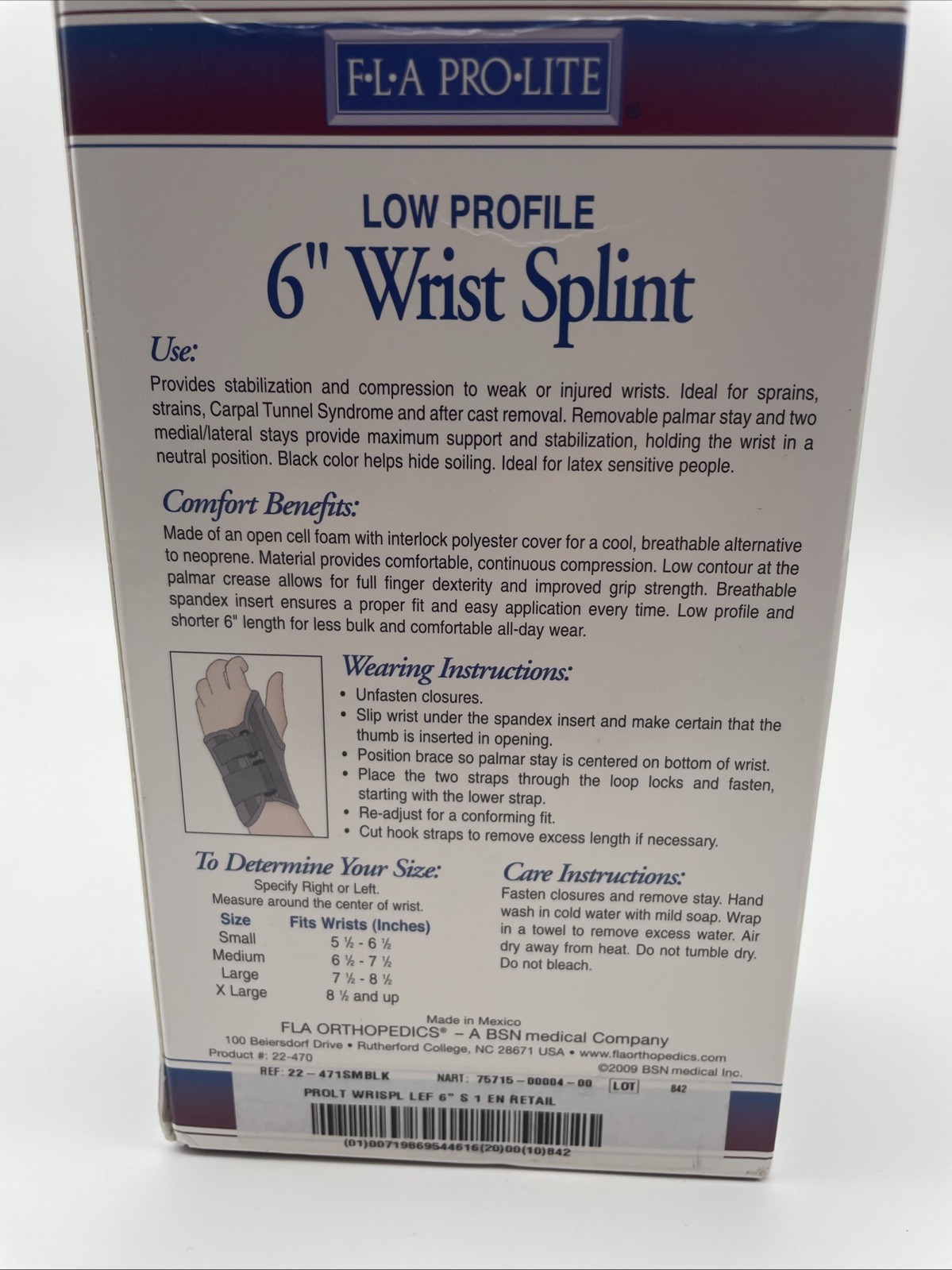 FLA PRO-LITE BLACK 6″ SMALL LEFT WRIST SPLINT PROFESSIONAL GRADE New In Box
