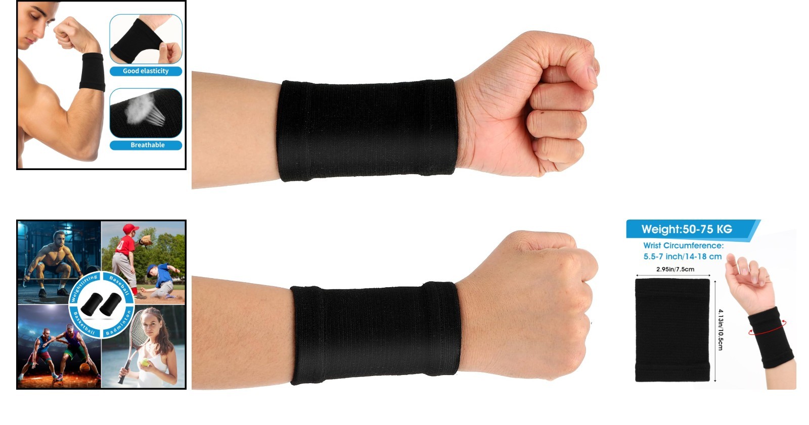 2 Pairs Black Wrist Compression Sleeves for Pain Relief – One Size Fits All