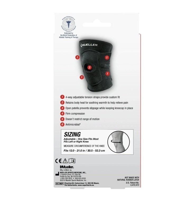 Mueller 4 Way Adjustable Knee Brace, Black, One Size Fits Most
