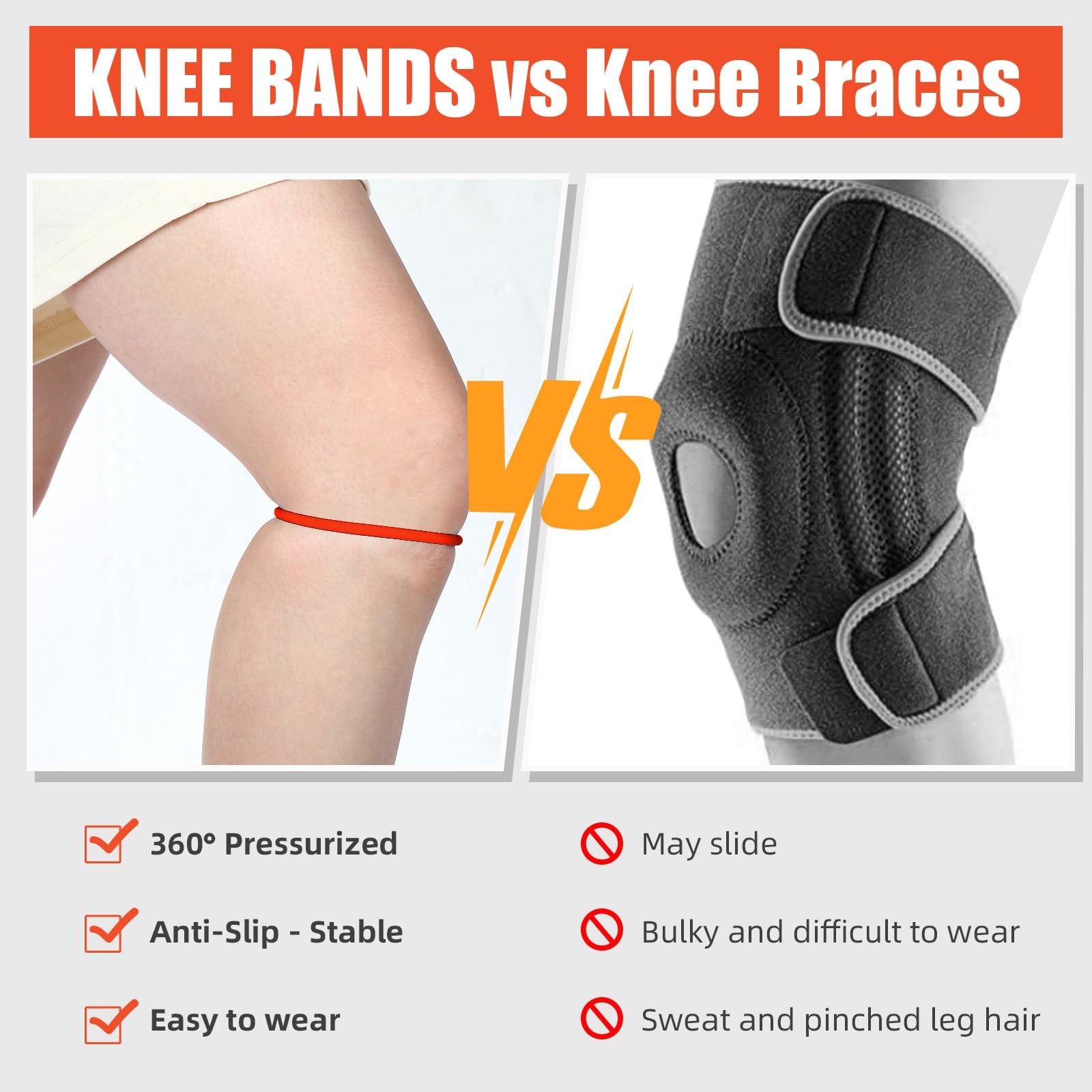 Patella Knee Band Silicone Support Strap 2pcs M Orange Running Basketball Pain
