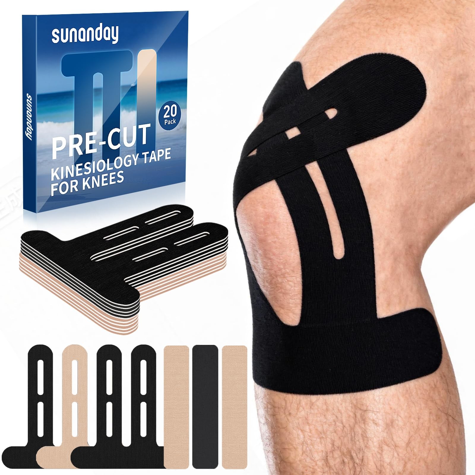 Kinesiology Tape Precut Strips for Knee and Shoulder Pain Relief (Black and B…