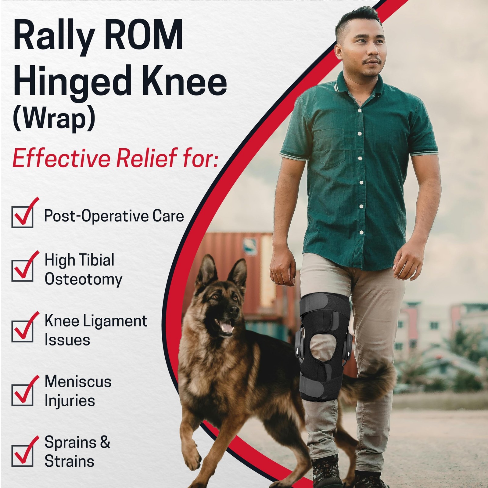 Rally ROM Hinged Knee Brace – Adjustable Compression Knee Support w/Remova
