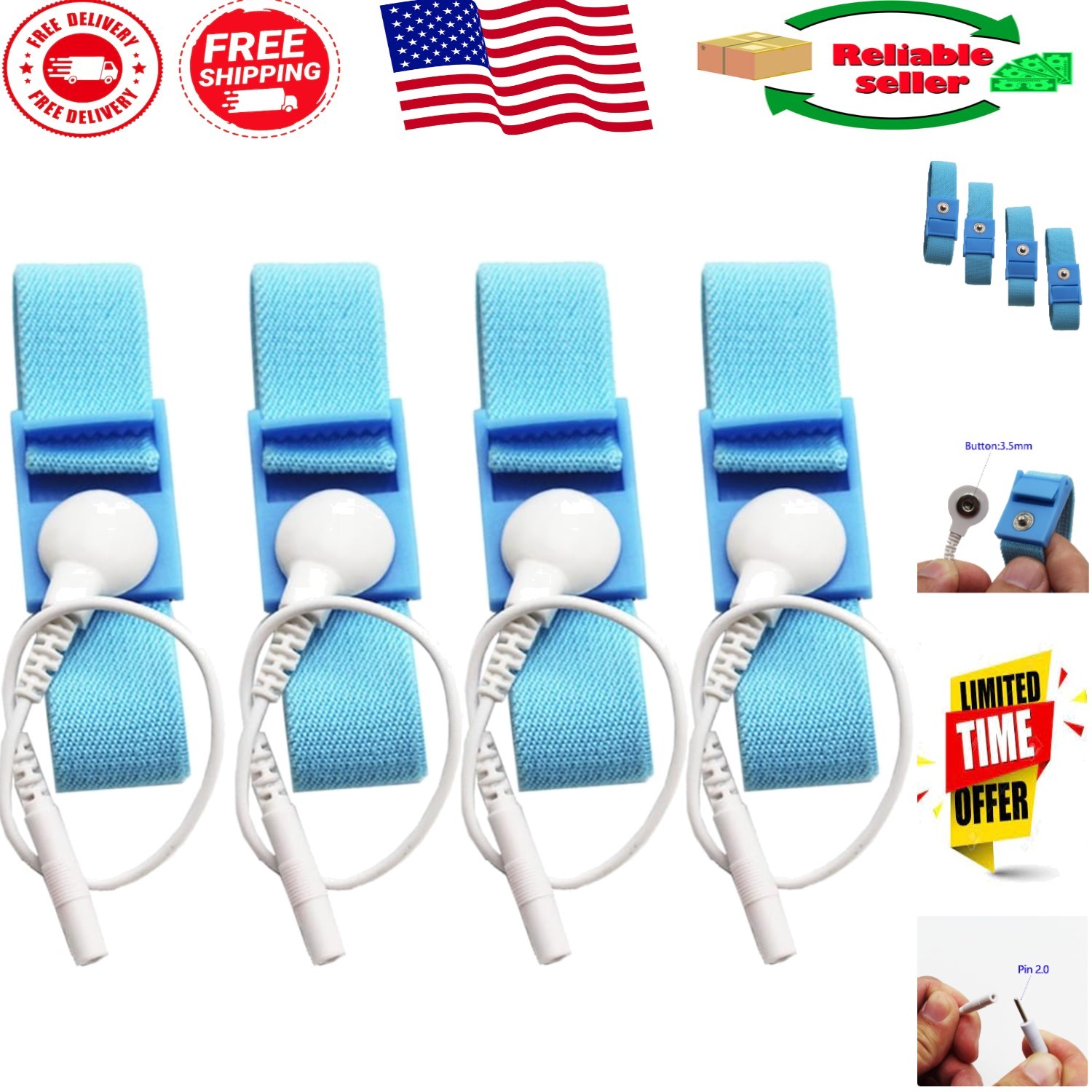 Adjustable Estim Wrist Strap Set: 4 Blue Stim Loops & 4 White Wires Included