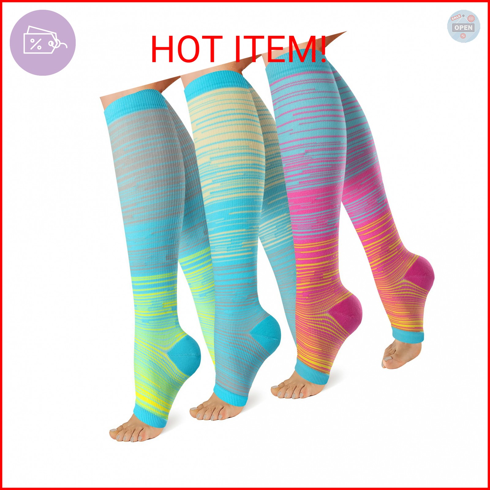 OUIVIAL 3 Pack Copper Compression Socks for Women&Men 20-30mmHg Open Toe Knee Hi