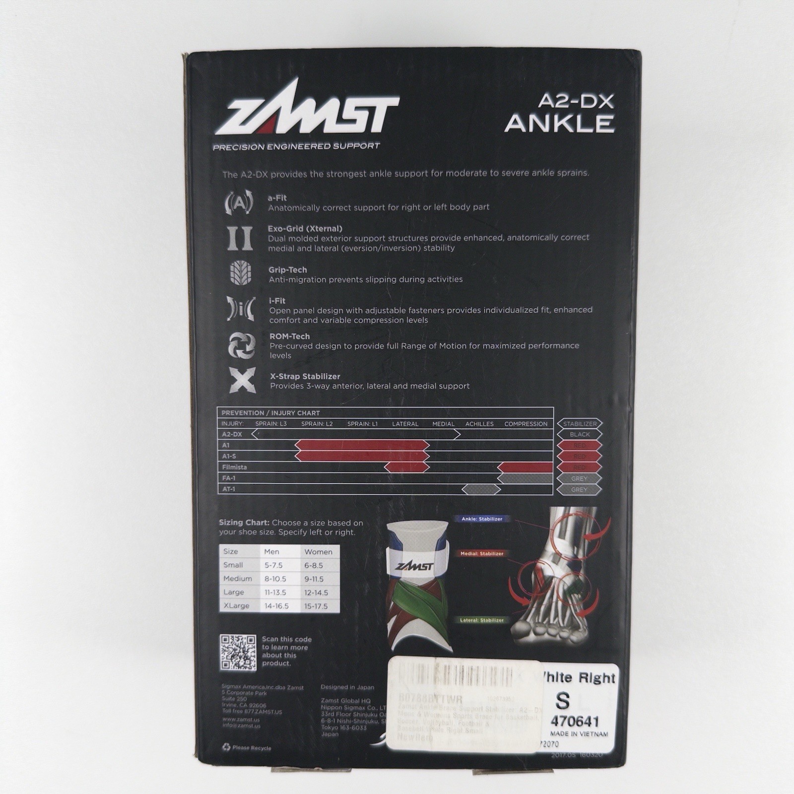 Zamst A2-DX Ankle Brace Right Small White Severe Sprain Support Brand New