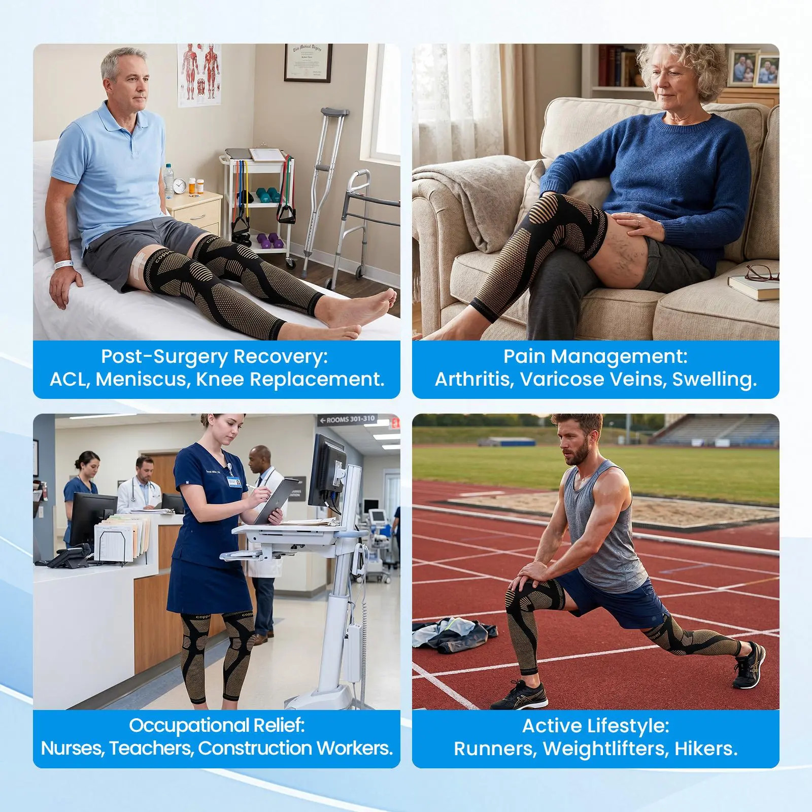 Copper Fiber Full Leg Compression Sleeves, 20-30Mmhg Graduated Support with 4-Wa