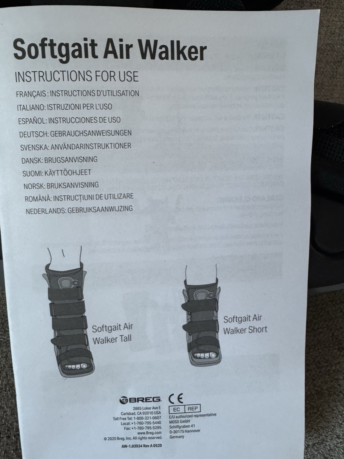 BREG soft gait air walker,short medium size