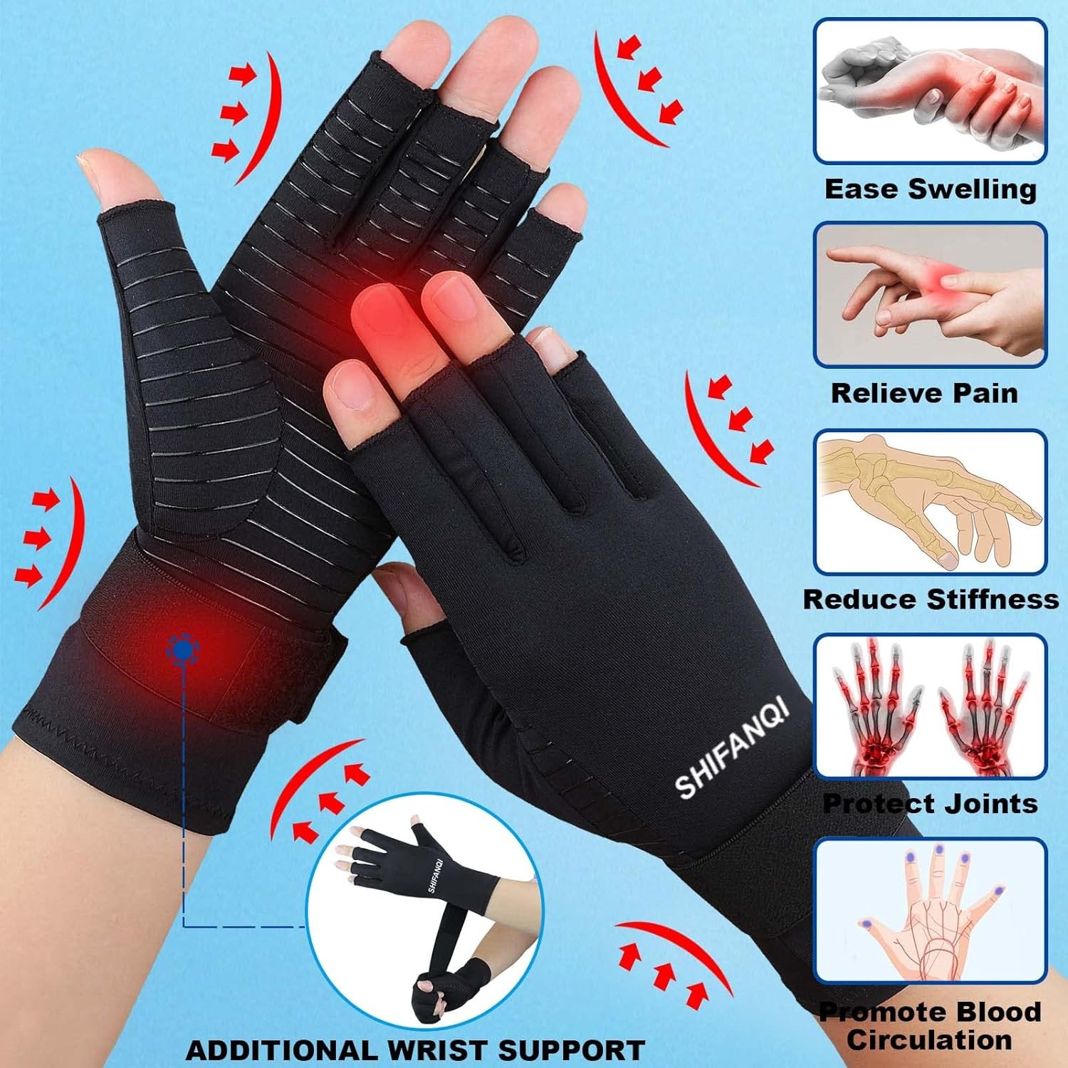 2 Pairs Copper Arthritis Compression Gloves Women Men for Small/Medium, Black