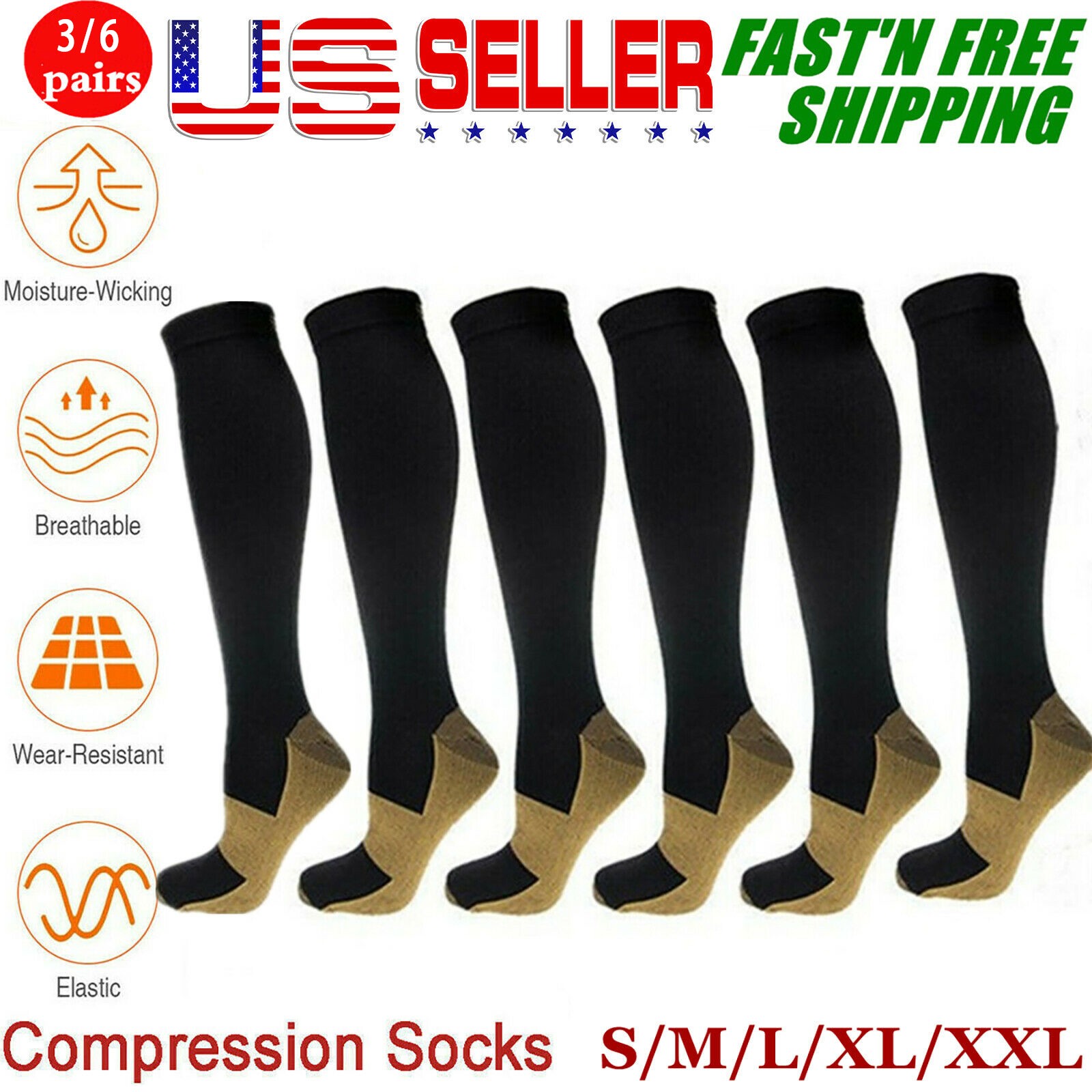 3/6 Pairs Copper Compression Socks 20-30mmHg Graduated Support Mens Womens S-XXL