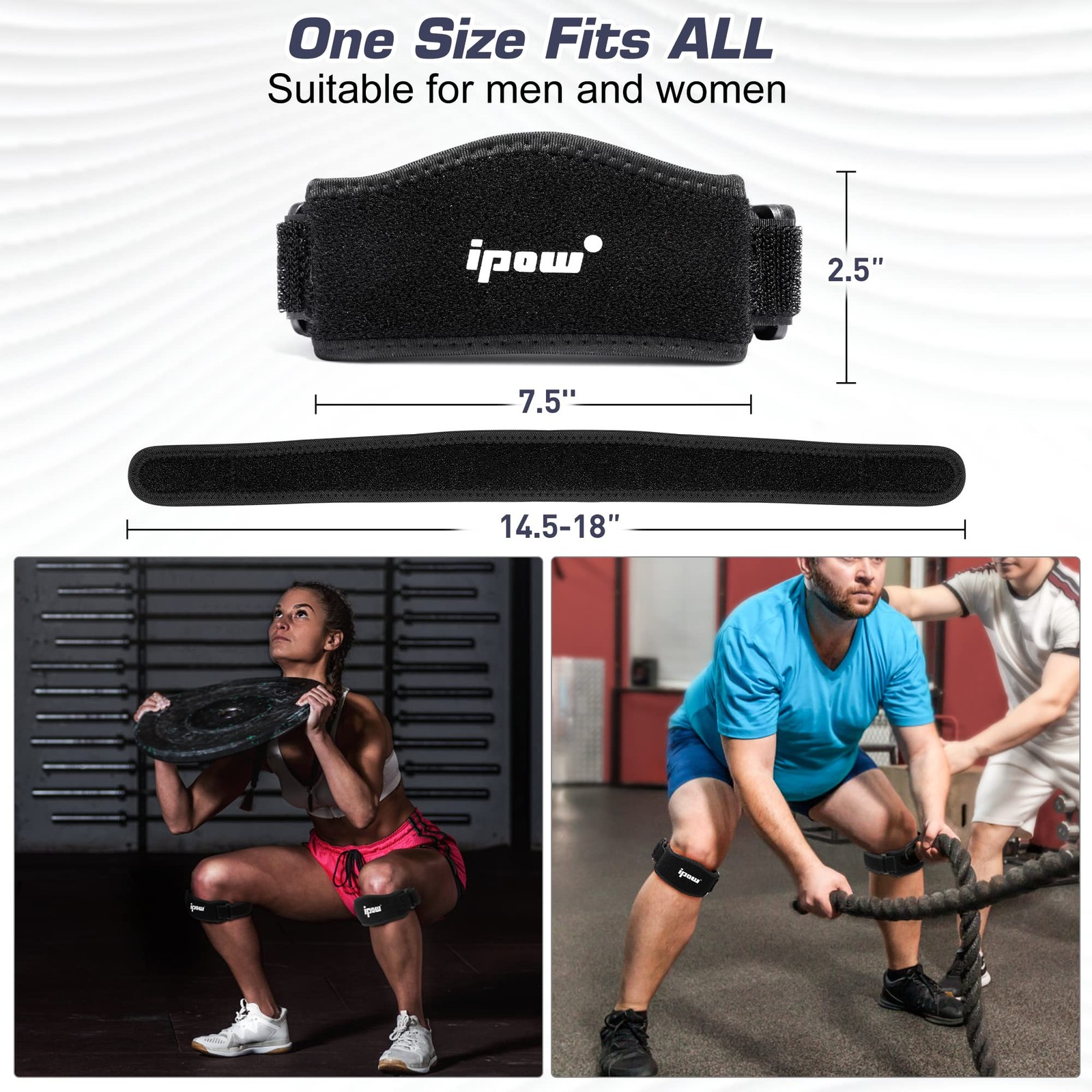 IPOW 2 Pack Thickened Pad&Wide Patella Knee Strap,Pain Relief One Size, Black