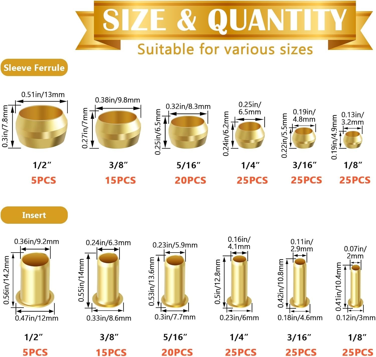 Brass Compression Sleeves Ferrules & Insert 230 PCS 1/8 to 1/2 inch