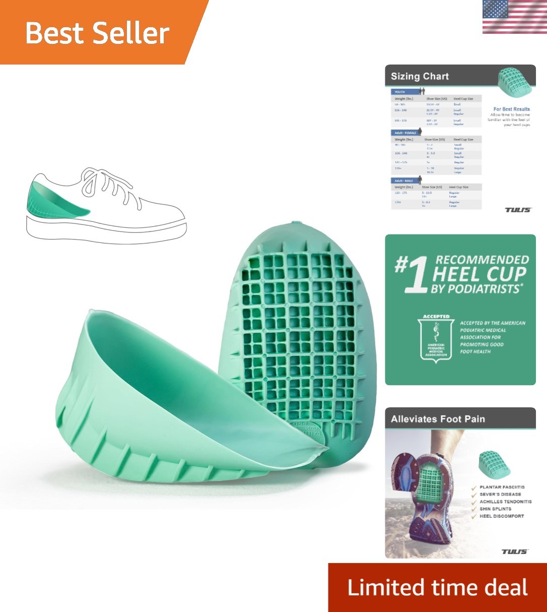 Heavy Duty Shock-Absorbing Heel Cups for Plantar Fasciitis Relief – Small Green